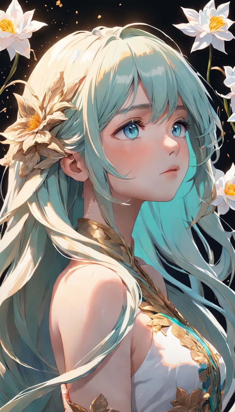 (beauty side face,long colored hair,closing eye,Masterpiece Narcissus),Iridescent background, (Illustration:1.2,paper art:1.2, Zentangle, 3d rendered),(Best Quality, high detal, masutepiece, Cinematic lighting, 4K, Chiaroscuro)