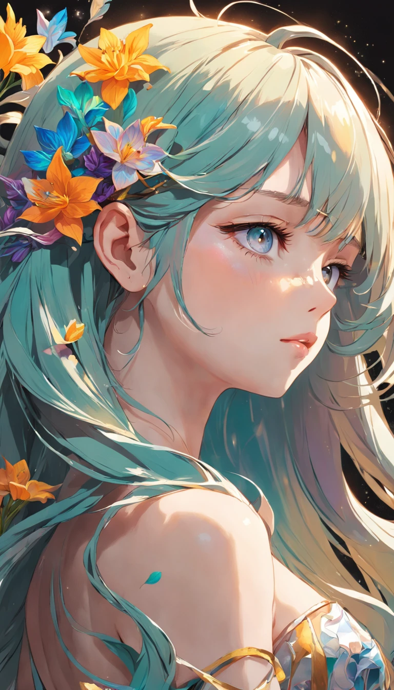 (beauty side face,long colored hair,closing eye,Masterpiece Narcissus),Iridescent background, (Illustration:1.2,paper art:1.2, Zentangle, 3d rendered),(Best Quality, high detal, masutepiece, Cinematic lighting, 4K, Chiaroscuro)