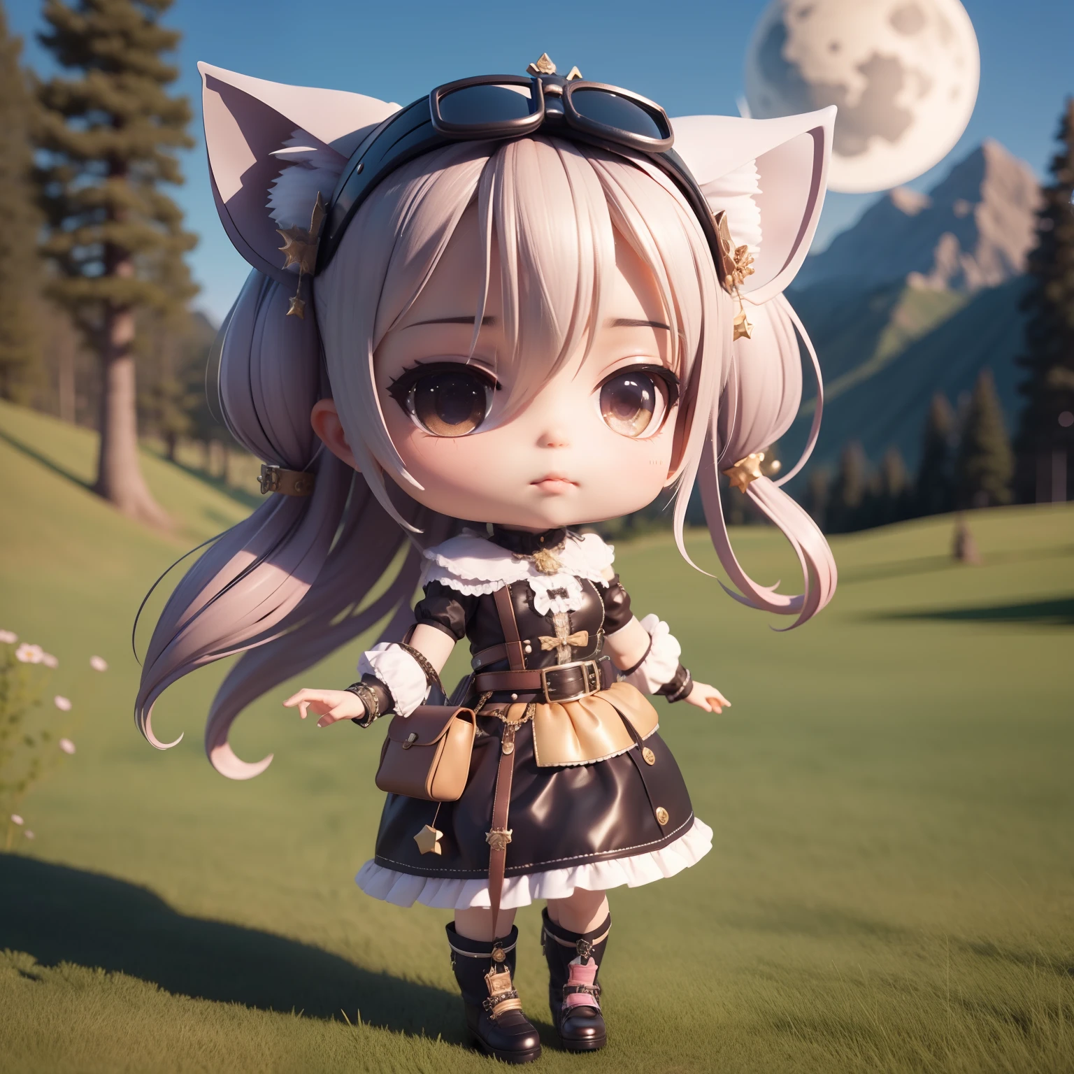 (((chibi 3d))) (Best Quality), (masutepiece) Chibi Anime Deformed Style//Wolf ears,fullmoon,Mountain ridge in the background,Stars of the Galaxy, Jurun Lolita Dress, Gothic lolita, The costume, Lolita, jumper skirt, Cosplay, Anime, large size, Girl in the forest, Sweet Lolita, haori, gloves, Sash belt, Sock Gifts, gothic dress, Cross-dressing, Maid costume, Christmas, Halloween, Cute, Bethline Leg Pouch, Hip Bag, Shoulder bag, Steampunk Waist Bag, Halloween, Cosplay, backpack, plein air, bicycle, motor bikes, skull, Stylish