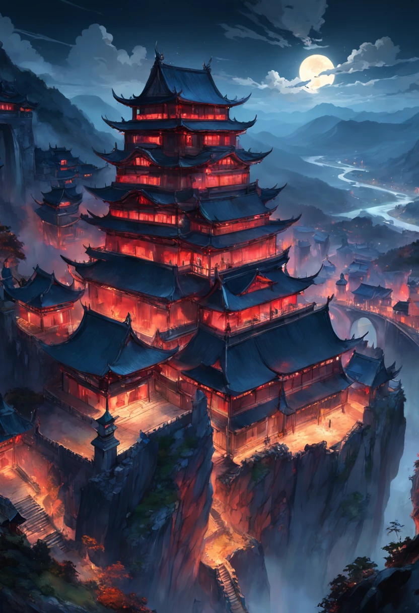 Best quality, Masterpiece, 超高分辨率, (photograph realistic:1.4), surrealism, Dream-like,fusionart, Shadowdancer, shadow magic,Red-eyed, Black-haired vampire,Dilapidated castle in the background,pov from above,4K, scenery, Mountain, No Man, Outdoors, sky, Night, architecture, east asian architecture, lantern, Cloud, tree, Building, house,rivers,Fluorescent butterfly, rim-light,Low moonshine,