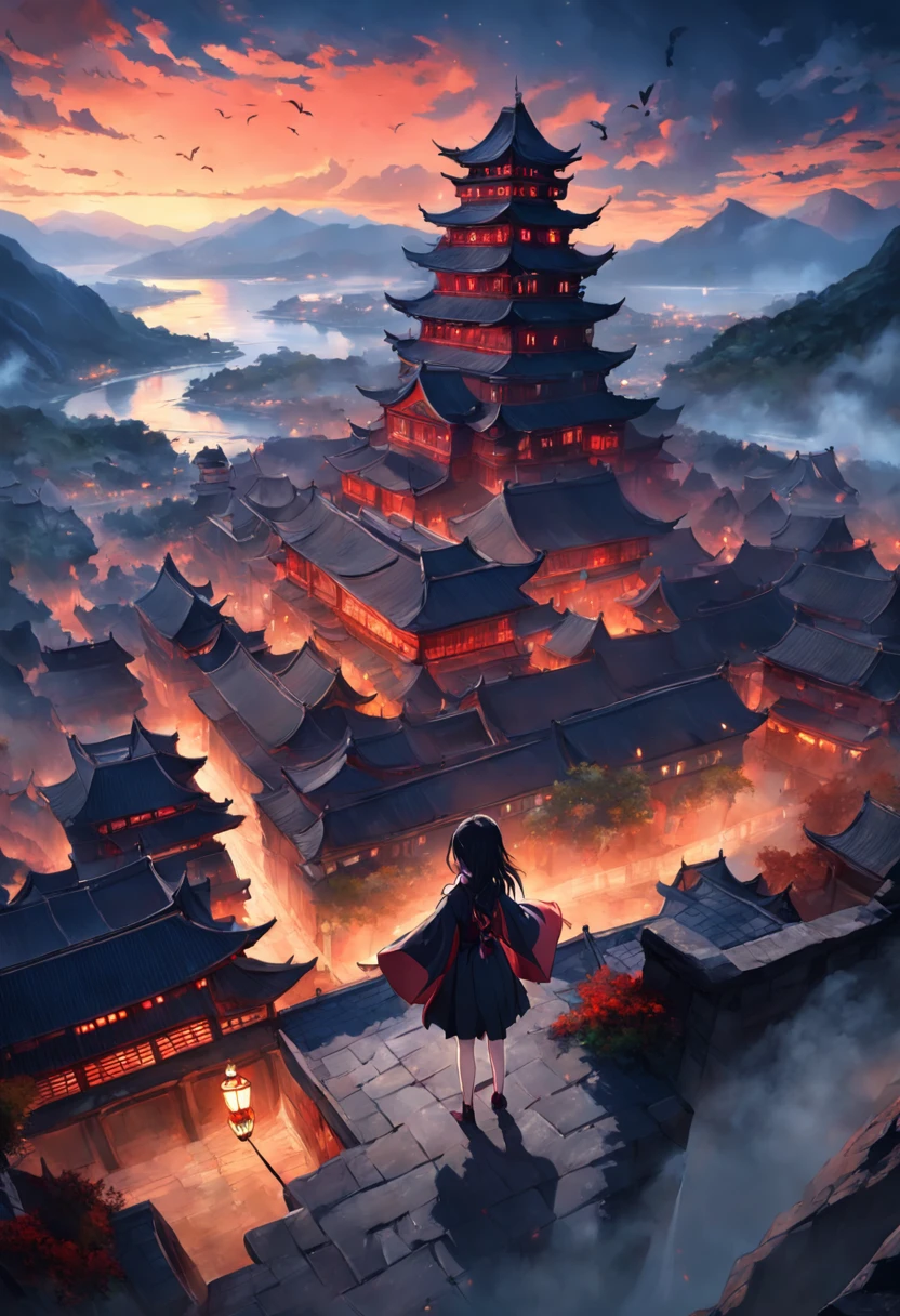 Best quality, Masterpiece, 超高分辨率, (photograph realistic:1.4), surrealism, Dream-like,fusionart, Shadowdancer, shadow magic,Red-eyed, Black-haired vampire，Dilapidated castle in the background，pov from above,4K, scenery, Mountain, No Man, Outdoors, sky, Night, architecture, east asian architecture, lantern, Cloud, tree, Building, house,rivers,Fluorescent butterfly, rim-light,Low moonshine,