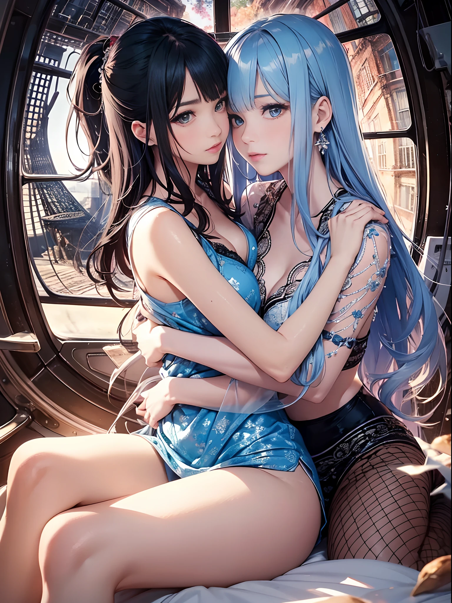 (Enrich the picture,Masterpiece level quality)Beautiful 8K CG artwork,Goddess-like posture,Sitting in the cabin of an airplane,Postural exercises,Slim and soft,Translucent skin,blue hairs、The beauty of extra-long hair, Super Long Straight Hair,The skin is fair and juicy,Underwear miniskirt uniform,Perspective Part 1.2x enhanced silhouette effect,Exquisite transparent blues pattern in pajamas,The details are intricate and exquisite,The background is slightly blurred,Charming and lustful leg seduction,Drool,K cup big breasts,Blush,Japan goddess,Perfect body slim curves,Cabin scene,Lace panties can be seen,Red left eye,The right eye is green,2 beautiful women hugging and kissing together,