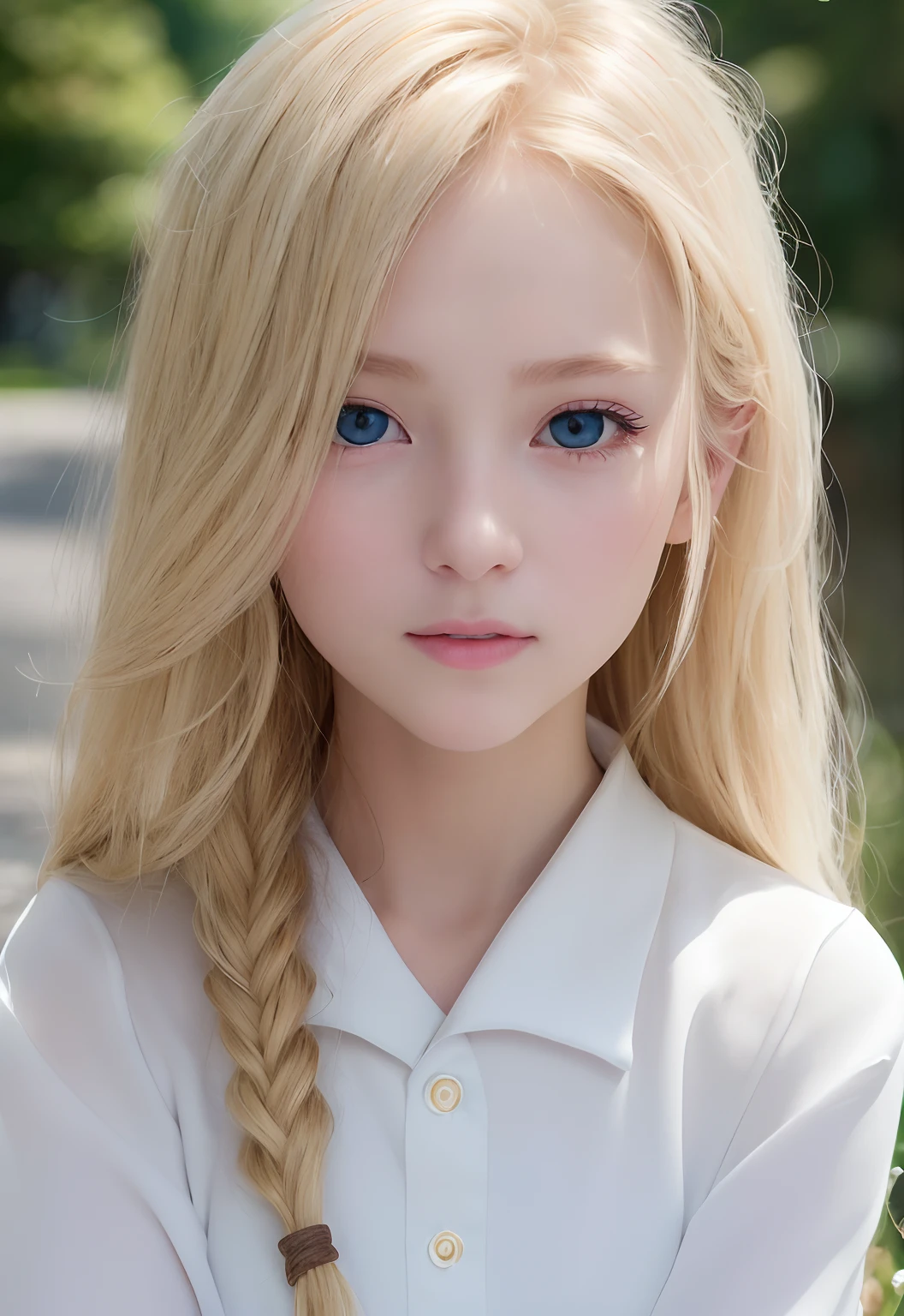 RAW Photography、(((Portrait of extreme beauty)))、((Glowing white skin))、女の子1人、18-year-old cute beautiful girl、((Lustrous light natural blonde hair))、[blue eyess]、silky fine hair、stright long hair、eye liner、bangss、Hair between the eyes、A slight smil、((​masterpiece、top-quality、ultra-detailliert、Film Light、intricate-detail、hight resolution、8k、ighly detailed))、细致背景、8k uhd、Digital SLR、Soft Light、hightquality、Film Grain、Shallow depth of field、natural soft light、（perfect hand）、Perfect beautiful face、a sailor suit