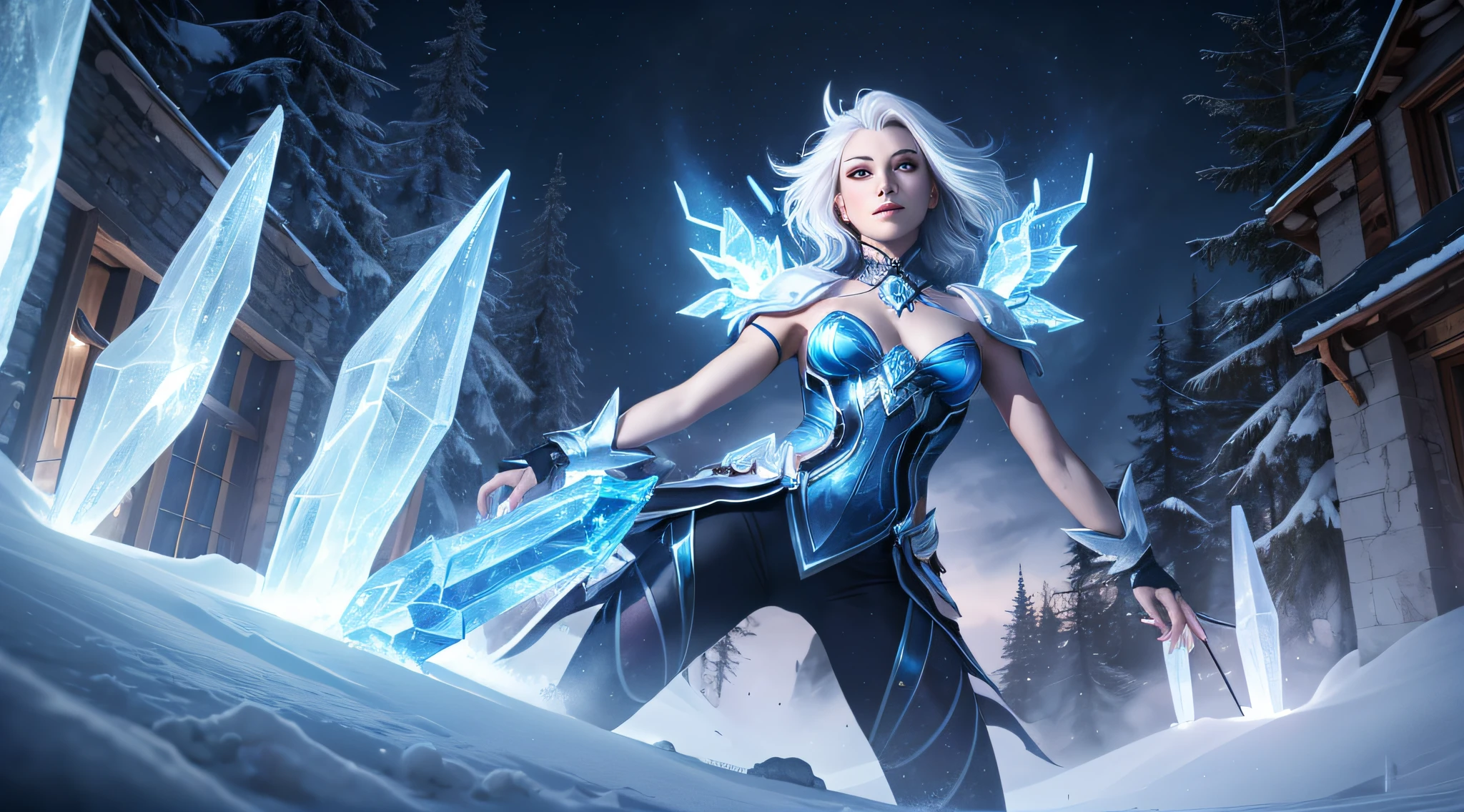 a beautiful demonic sorceress conjuring ice,standing and looking at viewers, various ice chains around her,(((detailed perfect face))),light smile, beautiful face, seductive body,tall body, mature body, BREAK frost aura, ice spear, lots of ice shard, blue and white ice shard dazzling around, small ice phoenix flying in the background, crystal and snow on the ground, blizzard, sexy body BREAK,Detailed,Realistic,4k highly detailed digital art,octane render, bioluminescent, BREAK 8K resolution concept art, realism,by Mappa studios,masterpiece,best quality,official art,illustration,ligne claire,(cool_color),perfect composition,absurdres, fantasy,focused,rule of thirds, --auto
