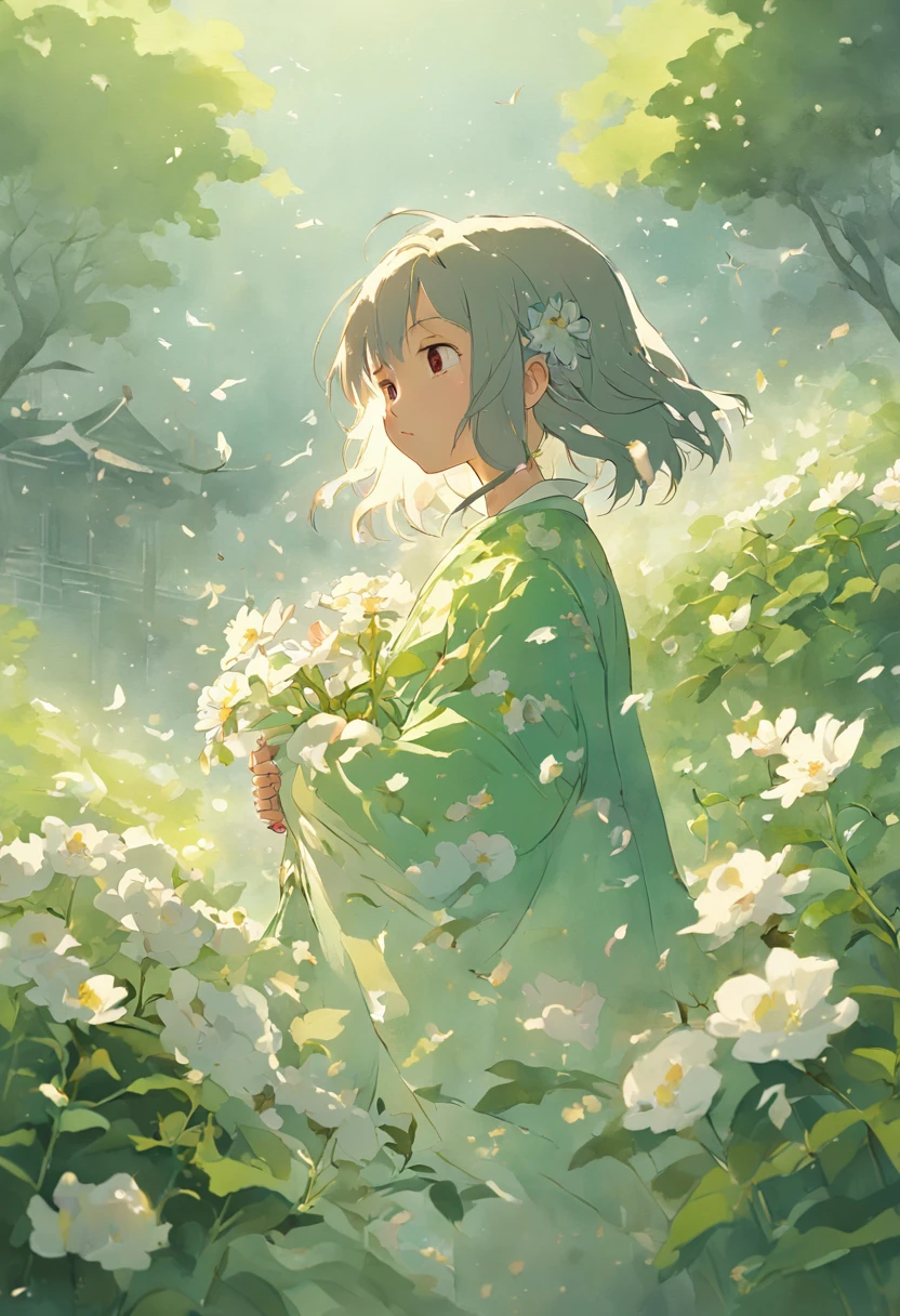 masterpiece、Flowers blooming in the wind,girl in flower,Light green and silver design,Pay attention to the texture of the skin and flowers,Sony FE 12-24mm F/2.8 grams,Impressionist Garden,Proficient in calligraphy,Environmentally friendly craftsmanship,Brush stroke search highest quality、Movie stills、morning、stroll。pup、1girl in、Cloud Girl、floating in sky、a closeup、发光、Happiness、Fresh morning sunshine、(Spark:0.7) 、stroll、landscapes