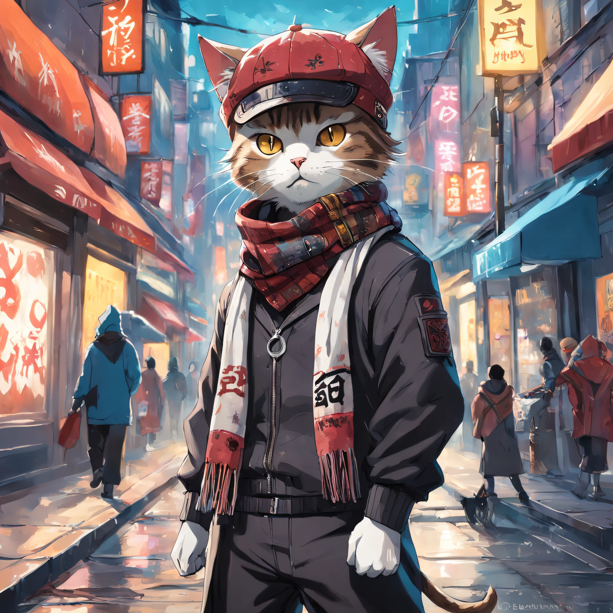 picture of a cat in a hat and scarf, art station trend, dressed in punk clothes, hyper realistic detailed rendering, british gang member, urban style, intimidating pose, planet of cats, fashion clothes, urban samurai, meow, west slavic traits, 8 1 5