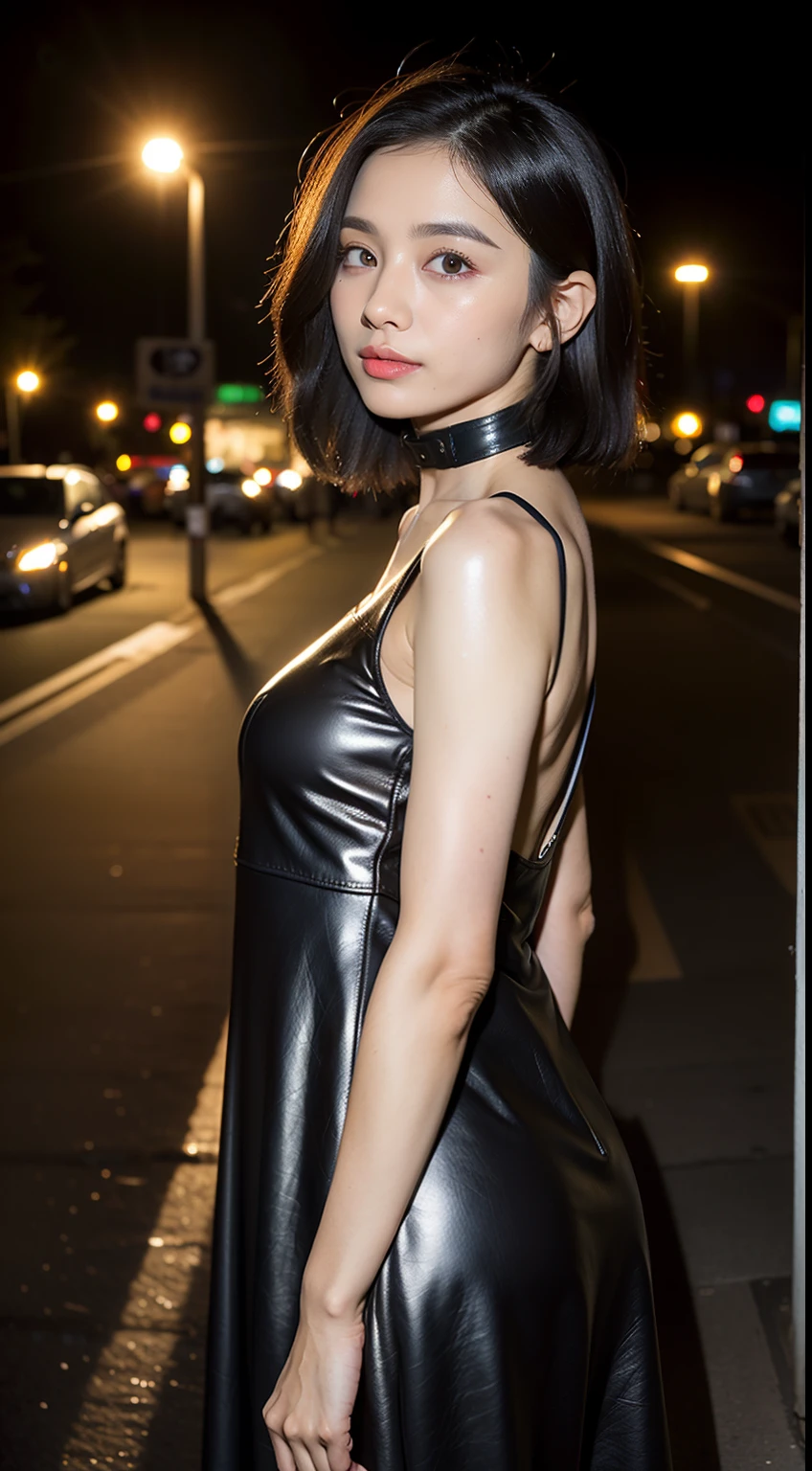​masterpiece, top-quality, 超A high resolution, (Photorealsitic:1.4), 32K,beautiful  lighting, Raw photography, 8K UHD, A detailed face, A detailed eye,Detailed eyes,Symmetrical eyes,Good balance between the left and right eyes,no-makeup:1.5,beautiful a girl, Cute  girl s,18year old,(((cabelos preto e longos、One-length,with round face,a baby f Face, Narws,round upturned nose,Letter to))), (((［Tight long dress that sticks to the body,deep v neck、wearing leather jacket］,Dresses with open shoulders,a choker,a necklace,耳Nipple Ring,This is a common-sense configuration,Not erotic))),(Colossal tits:1.5,Big buttocks),((sideboob barbosa)),Wear your back on your shoulders,Late night street corner,Night view of the city, Blurry night view,The night view is blurry,longshot,Facing backwards、Looks Back
