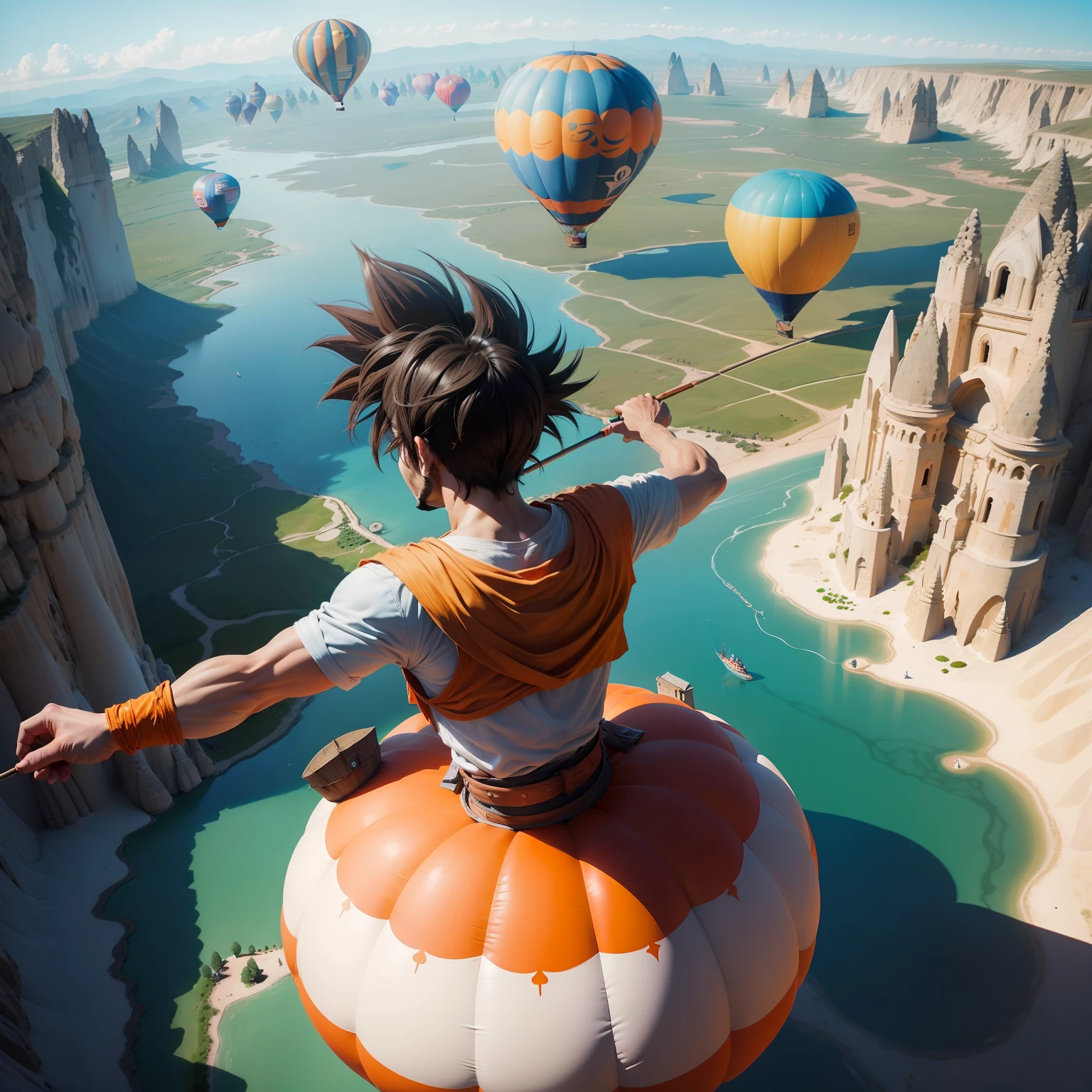 Criar um Goku realista , on top of an air balloon in Cappadocia, Turquia. Em baixo dele tem um lago , in which goku is fishing from the top of the balloon , e sua linha de pesca toca o lago.