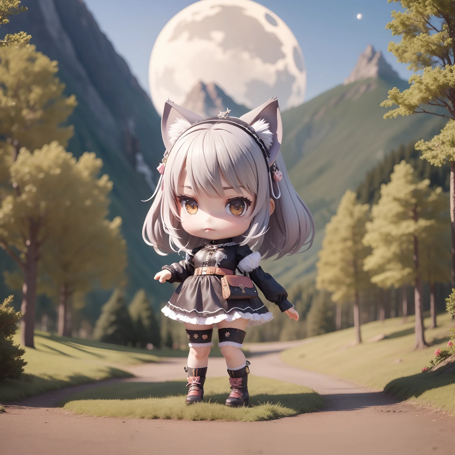 chibi 3d))) (Best Quality), (masutepiece) Chibi Anime Deformed Style//Gray wolf ears,fullmoon,Mountain ridge in the background,Stars of the Galaxy, Jurun Lolita Dress, Gothic lolita, The costume, Lolita, jumper skirt, Cosplay, Anime, large size, Girl in the forest, Sweet Lolita, haori, gloves, Sash belt, Sock Gifts, gothic dress, Cross-dressing, Maid costume, Christmas, Halloween, Cute, Bethline Leg Pouch, Hip Bag, Shoulder bag, Steampunk Waist Bag, Halloween, Cosplay, backpack, plein air, bicycle, motor bikes, skull, Stylish