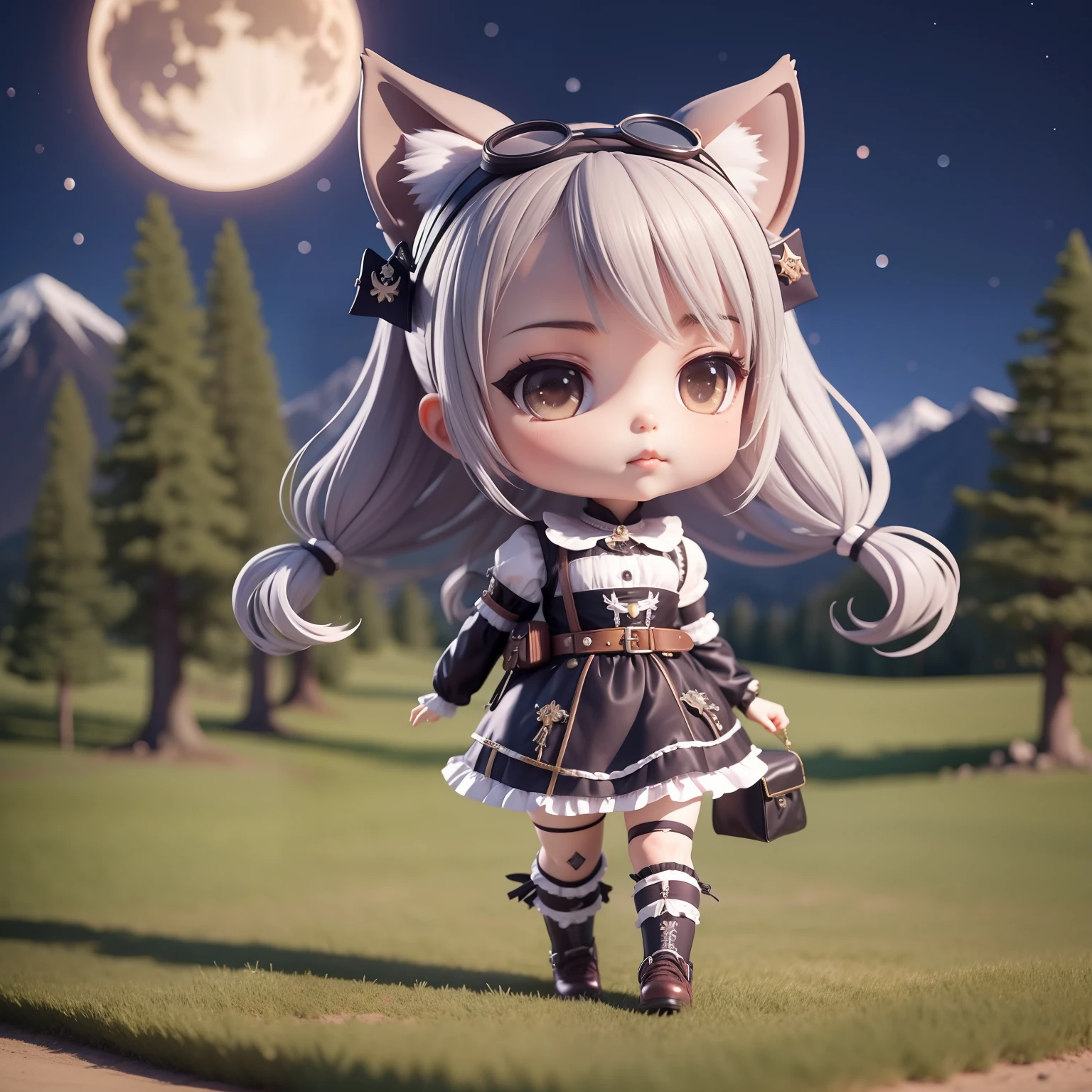 chibi 3d))) (Best Quality), (masutepiece) Chibi Anime Deformed Style//Gray wolf ears,fullmoon,Mountain ridge in the background,Stars of the Galaxy, Jurun Lolita Dress, Gothic lolita, The costume, Lolita, jumper skirt, Cosplay, Anime, large size, Girl in the forest, Sweet Lolita, haori, gloves, Sash belt, Sock Gifts, gothic dress, Cross-dressing, Maid costume, Christmas, Halloween, Cute, Bethline Leg Pouch, Hip Bag, Shoulder bag, Steampunk Waist Bag, Halloween, Cosplay, backpack, plein air, bicycle, motor bikes, skull, Stylish