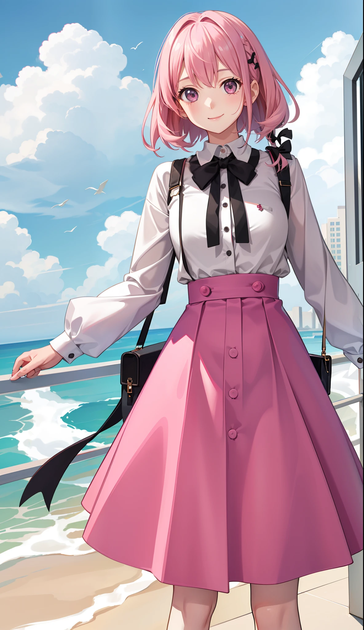 1girl in、A smile、A delightful! The shirt、skirt by the、Pink hair(small tits)