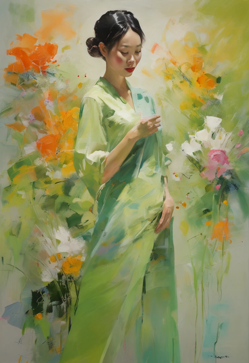 ​masterpiece、Flowers blooming in the wind，girl in flower，Light green and silver design，Pay attention to the texture of the skin and flowers，Sony FE 12-24mm F/2.8 grams，Impressionist Garden，Proficient in calligraphy，Environmentally friendly craftsmanship，Brush stroke search highest quality、Movie stills、morning、stroll。pup、1girl in、Cloud Girl、floating in sky、a closeup、发光、Happiness、Fresh morning sunshine、(Spark:0.7) 、stroll、landscapes