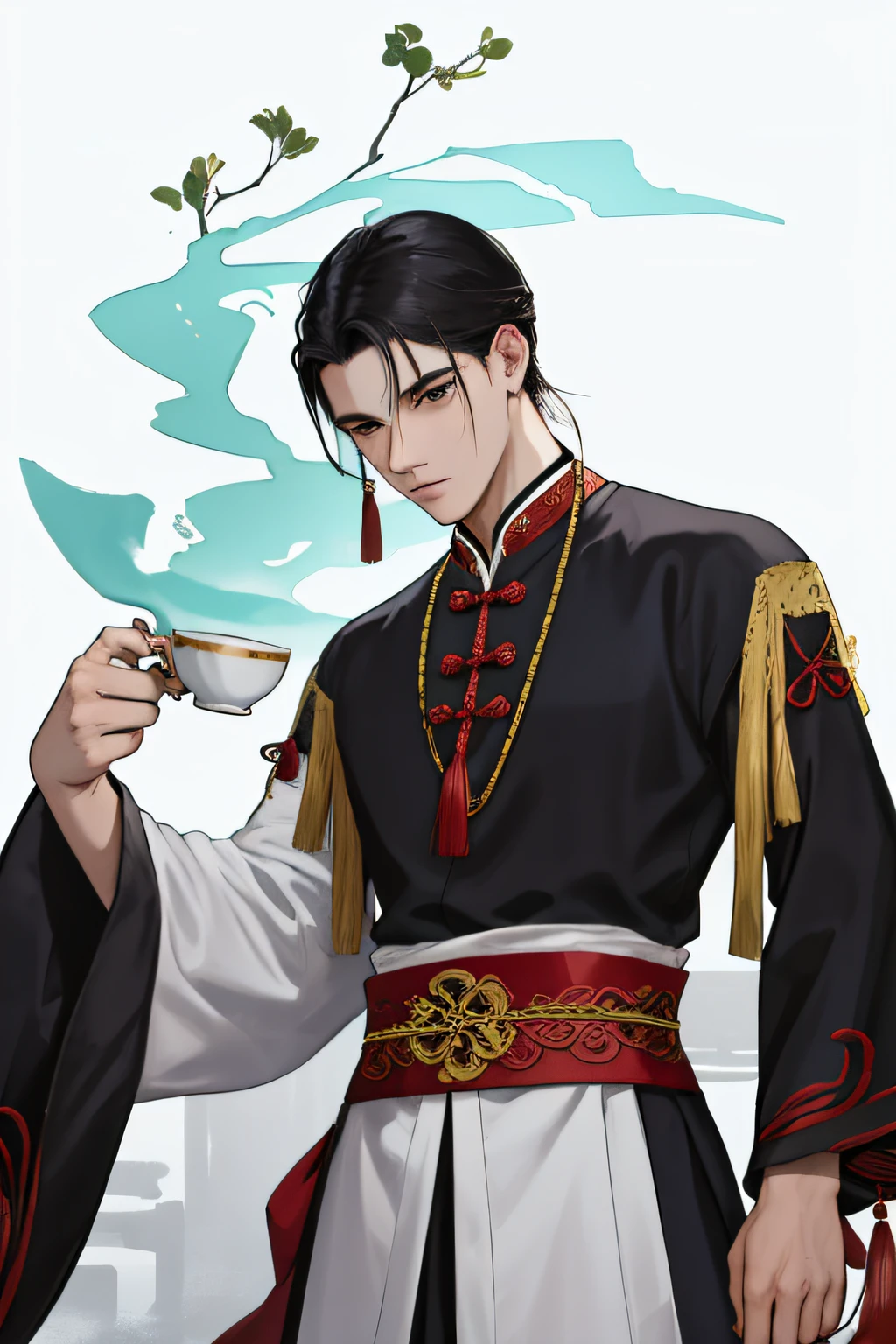 NSFW, obra-prima, melhor qualidade, ultra-detalhado, semi-realista, detailedfacialfeatures, 2man,usando roupas velha wuxia chinesa,cabelos negros compridos , olhos negros,manly,forte,sentado em uma mesa,holding a cup of tea inside a hostile environment