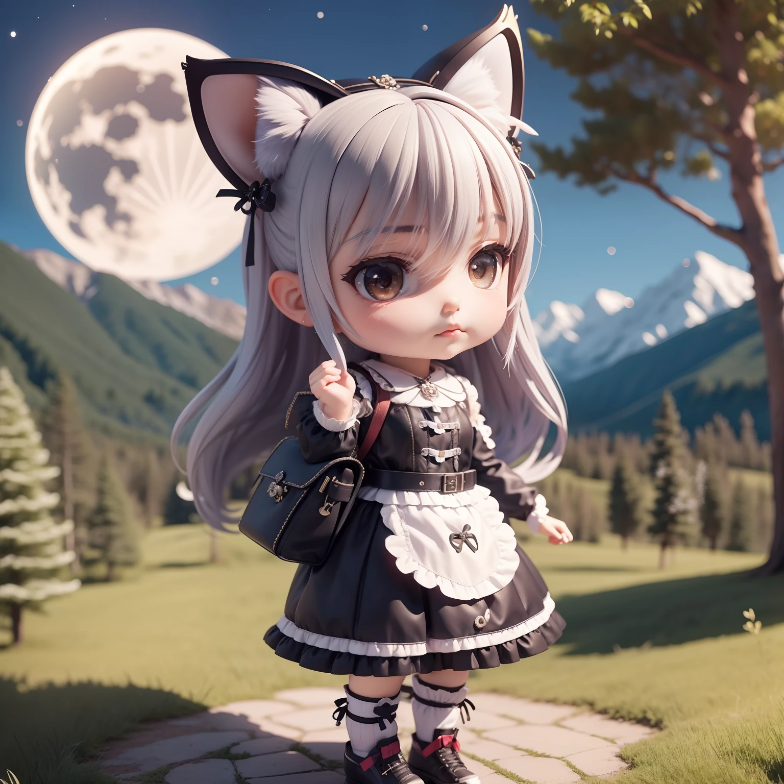 chibi 3d))) (Best Quality), (masutepiece) Chibi Anime Deformed Style//Gray wolf ears,fullmoon,Mountain ridge in the background,Stars of the Galaxy, Jurun ta Dress, Gothic loliThe costume, Lolita, er skirt, Cosplay, Anime, large size, Girl in the forest, Sweet Lolita, haorloves, Sash belt, Sock Gifts, gothic dress, Cross-dressing, Maid costume, Christmas, Halloween, Cute, Bethline Leg Pouch, Hip Bag, Shoulder bag, Steampunk Waist Bag, Halloween, Cosplay, backpack, plein air, bicycle, motor bikes, skull, Stylish