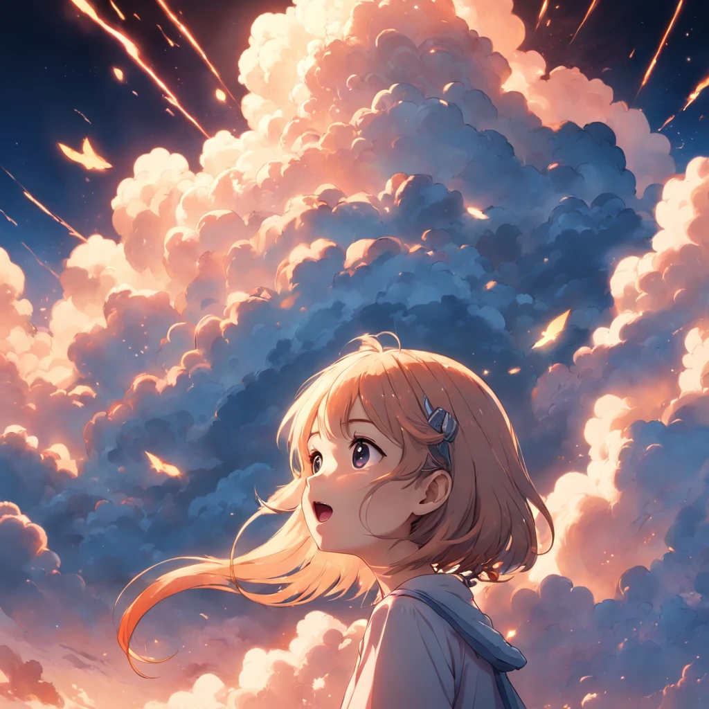 masterpiece, best quality, movie still, 1girl, cloud girl, floating in the sky, close-up, bright, happy, warm soft lighting, sunset, (sparks:0.7)