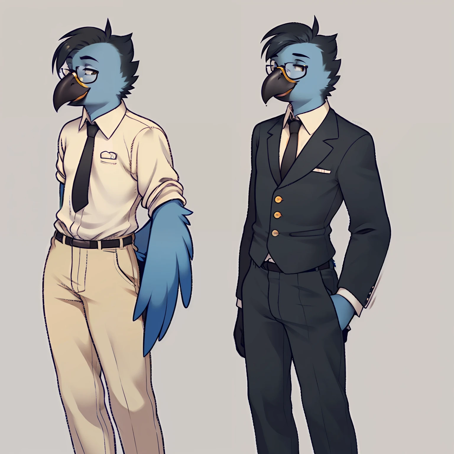((by nextel, by glitter trap boy)), solo, standing, male, ((avian, beak, hair)), blue bird, black hair, slim, skinny, thin, weak, pathetic, glasses, black dress pants, white button up, black tie