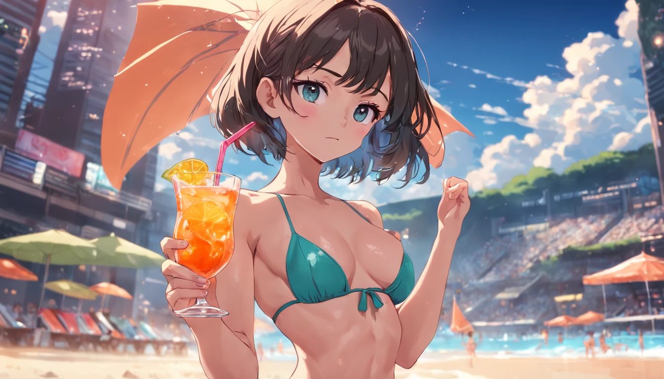 High resolution depiction of a vibrant girl in a stylish bikini, donning sunglasses, and holding a refreshing cocktail, rendered in 8k quality.
