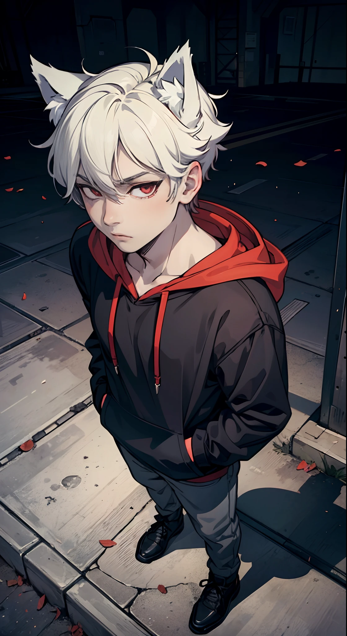 ((((((1boy)))))), fluffy pitch black hair, wolf ears, wolf tail, slim figure, ((pale skin)), RED eyes, dead expression, baggy black hoodie, lean figure