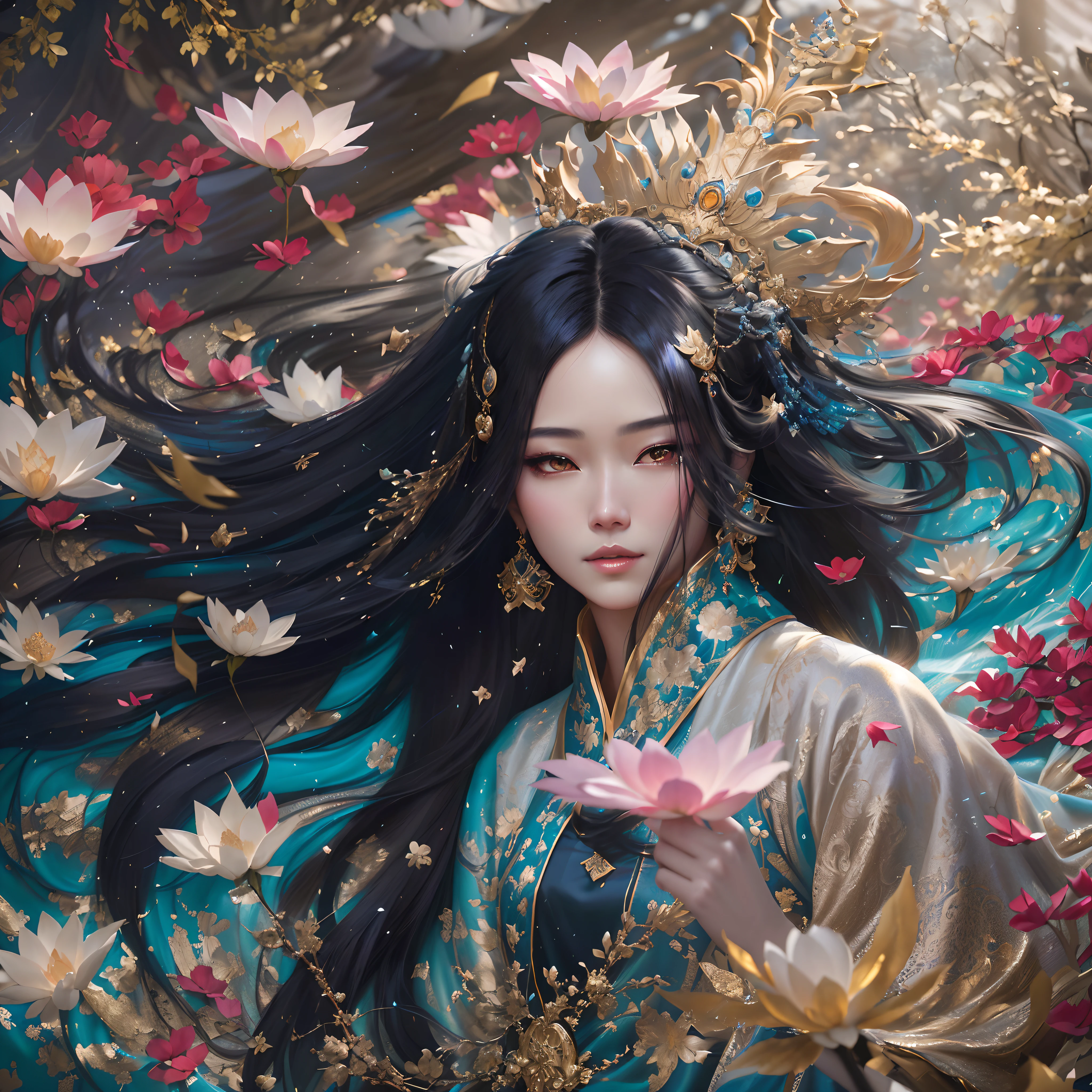 Araved woman with long black hair and blue and gold dress, Beautiful digital artwork, Palace ， A girl in Hanfu, Chinese fantasy, digital fantasy art ), by Yang J, Beautiful art UHD 4 K, a beautiful fantasy empress, beautiful fantasy art portrait, Beautiful character painting, Fantasy art style, By Li Song, beautiful fantasy art, gilded lotus princess