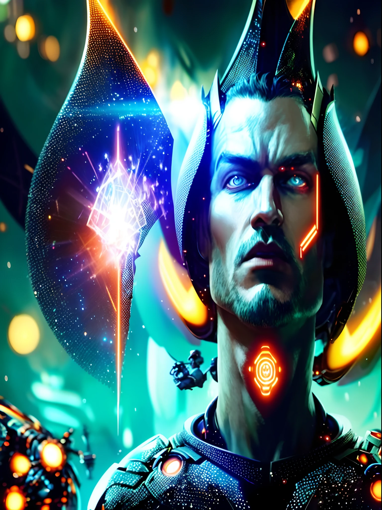 a man in a futuristic outfit with glowing lights on his face, greg beeple, beeple and jean giraud, dren from splice, warframe art, by Android Jones, sci-fi digital art, key art, warframe fanart, epic scifi character art, sci-fi digital art illustration, epic fantasy digital art style, protoss, avatar image