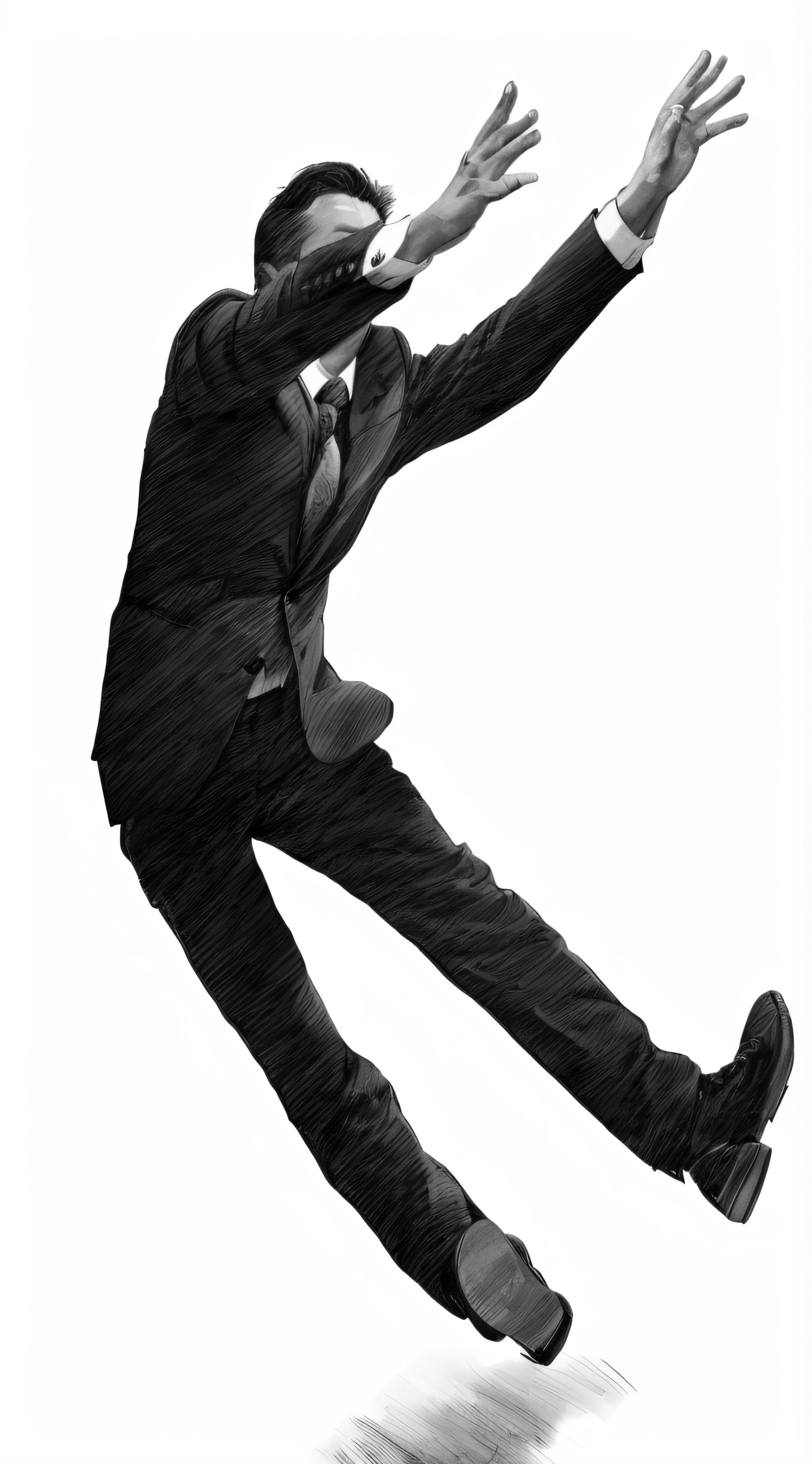 a minimal pencil sketch of a man with black suit falling backward on the ground, right leg touching the ground, and left leg on the air, high detailed, intricate details, 8K, black and white photo, white background, white floor