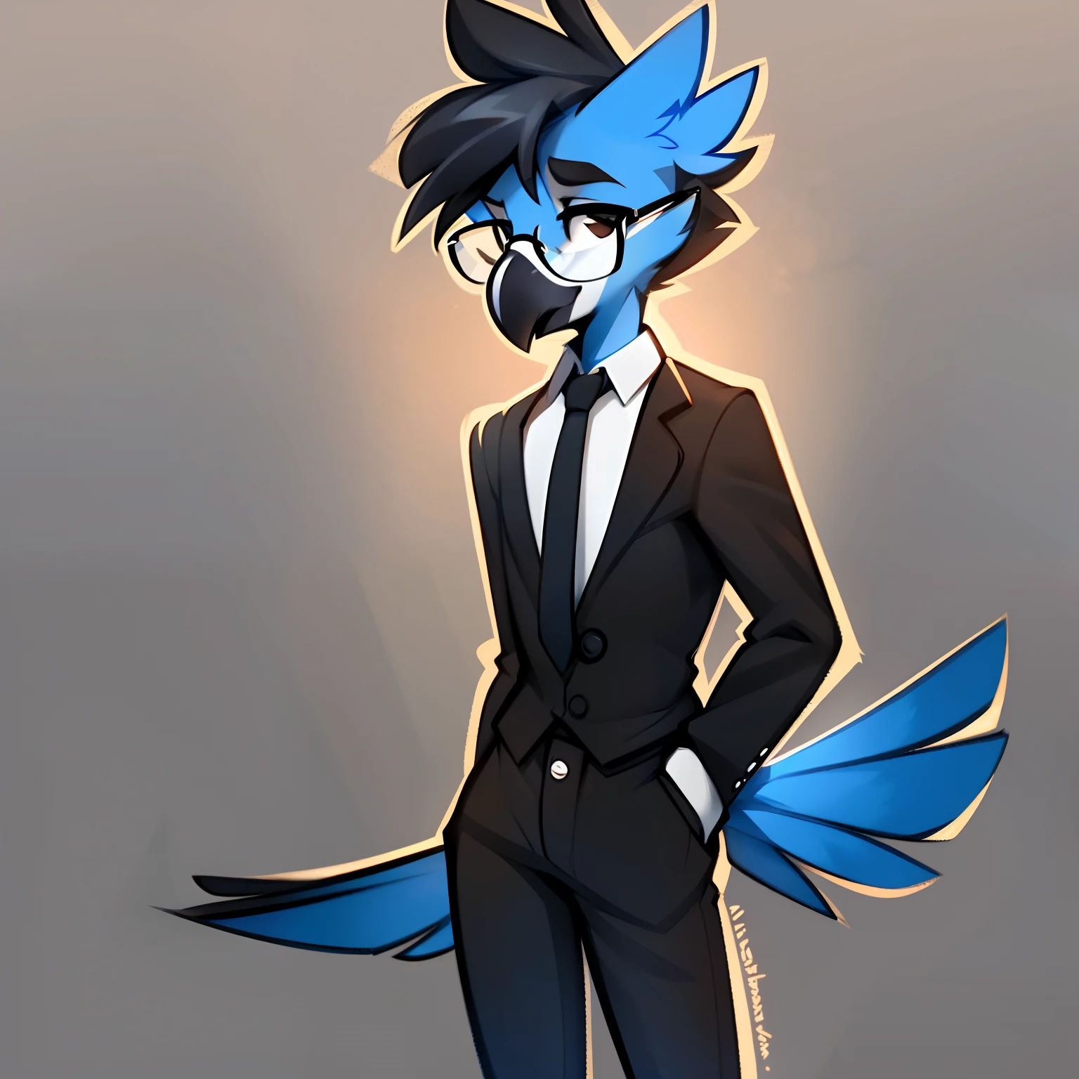 By spuydjeks, by spikedmauler, by schmutzo, by ralek, solo, standing, male, ((avian, beak, hair)), blue bird, black hair, slim, skinny, thin, weak, pathetic, glasses, black dress pants, white button up, black tie