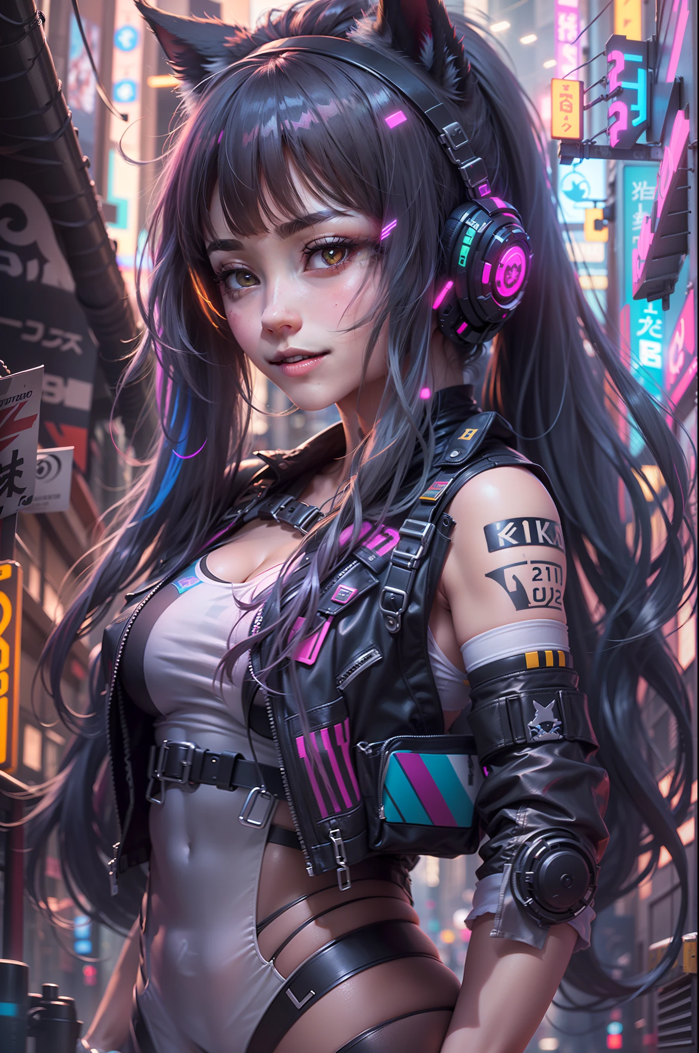 (RAW photo, best quality, masterpiece:1.2), (realistic, photo-realistic:1.4),(masterpiece:1.4),(best quality:1.4), ((sexy cute Japanese cyberpunk catgirl)), ((slender body)), big breasts, :d, (bangs), blush, ((colorful body harness)), ((dynamic pose)), cowboy shot, (((cyberpunk city streets background))), hair intakes, ((shapeless long hair)), glowing neon accents, looking at viewer, sidelocks, smile, (((thigh gap))), thighs, twintails, very long hair, multicolor hair, alice \(nikke\),(shiny skin),realistic.