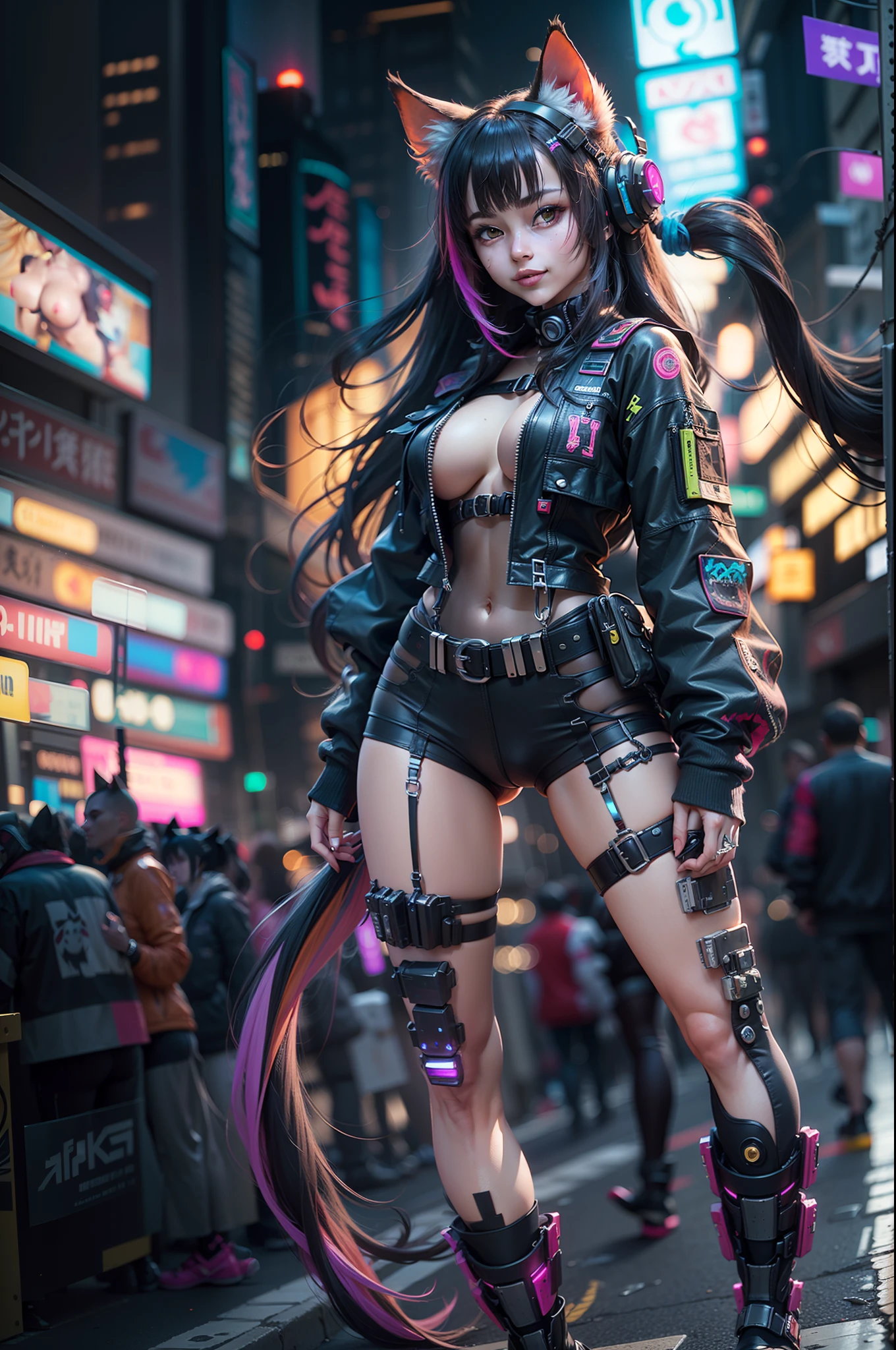 (RAW photo, best quality, masterpiece:1.2), (realistic, photo-realistic:1.4),(masterpiece:1.4),(best quality:1.4), ((sexy cute Japanese cyberpunk catgirl)), ((slender body)), big breasts, :d, (bangs), blush, ((colorful body harness)), ((dynamic pose)), cowboy shot, (((cyberpunk city streets background))), hair intakes, ((shapeless long hair)), glowing neon accents, looking at viewer, sidelocks, smile, (((thigh gap))), thighs, twintails, very long hair, multicolor hair, alice \(nikke\),(shiny skin),realistic.