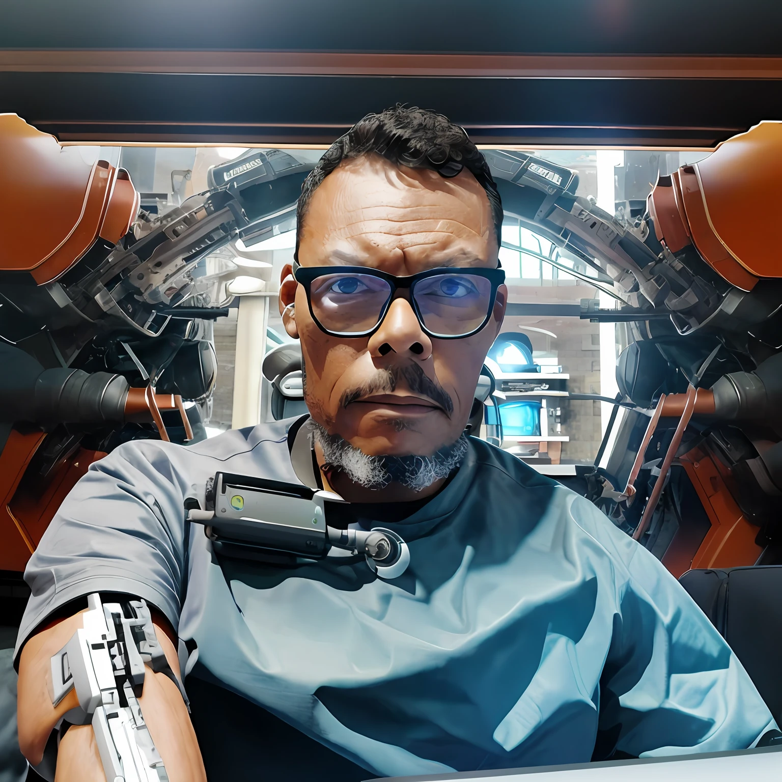 guttonerdvision10, Strong brunette robot man with a laptop and glasses