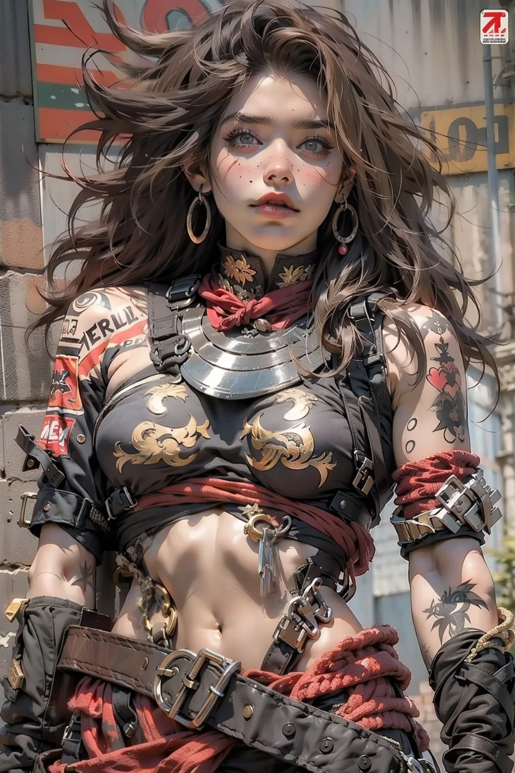(((mulher))), (((melhor qualidade))), (((obra prima))), (((adulta))), Uma guerreira mulher de 35 anos com corpo perfeito, Brooklyn Gladiators, (( under boobs )), quase nua no estilo selvagem urbano de Simon Bisley para a capa da revista Heavy Metal, cabelo loiro, Minimum clothing, red and white checkered pattern, armadura, cheio de pontas e rebites, tatuagem tribal, (((do joelho pra cima))), cabelo desalinhado