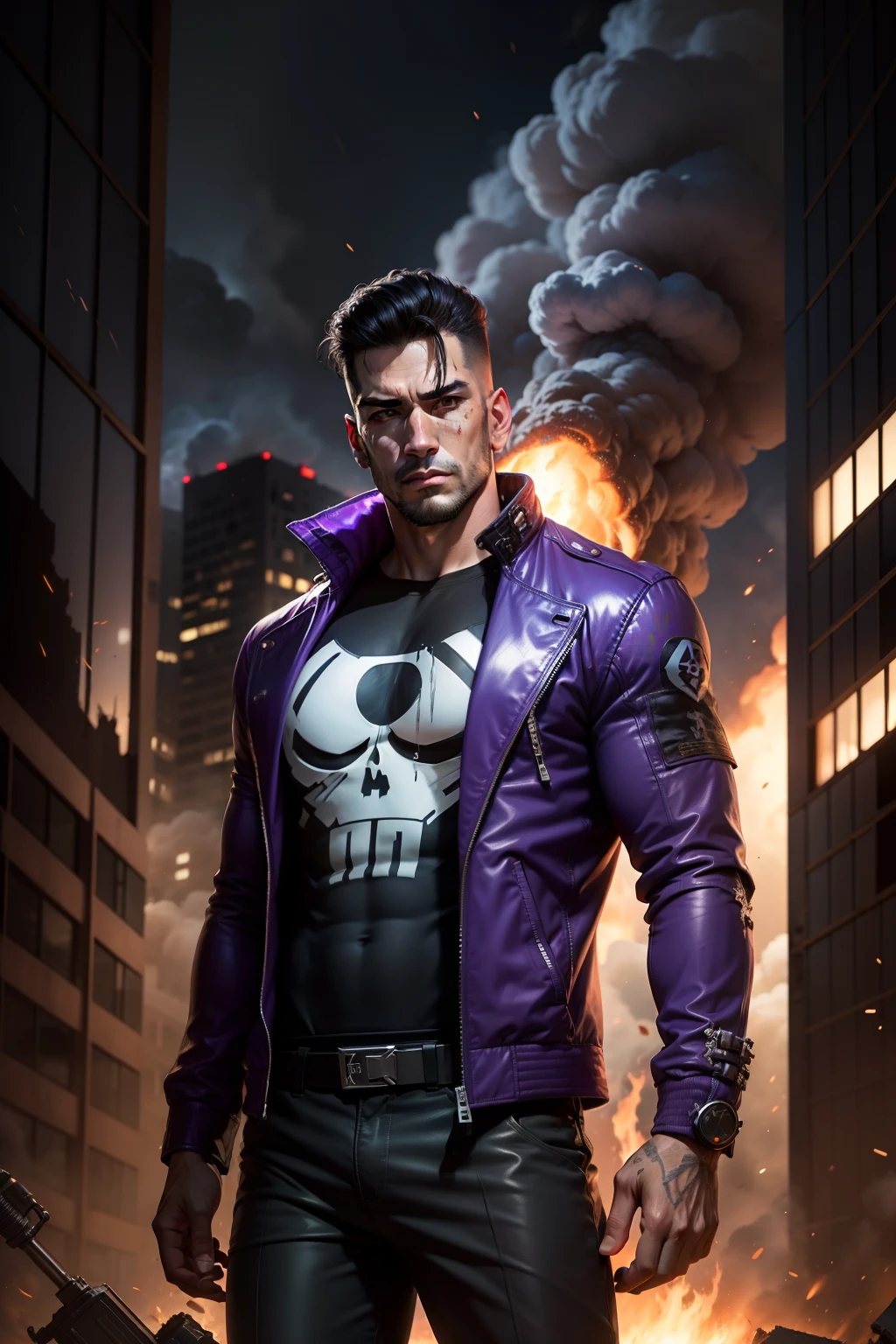 handsome man dressed in jacket and pants reminiscent of the Punisher costume with iconic Punisher logo, superhero, explosions, destroyed buildings collapsed, rising smoke, purple flames, reflected purple and blue lights, realistic, photography, Canon Eos R6