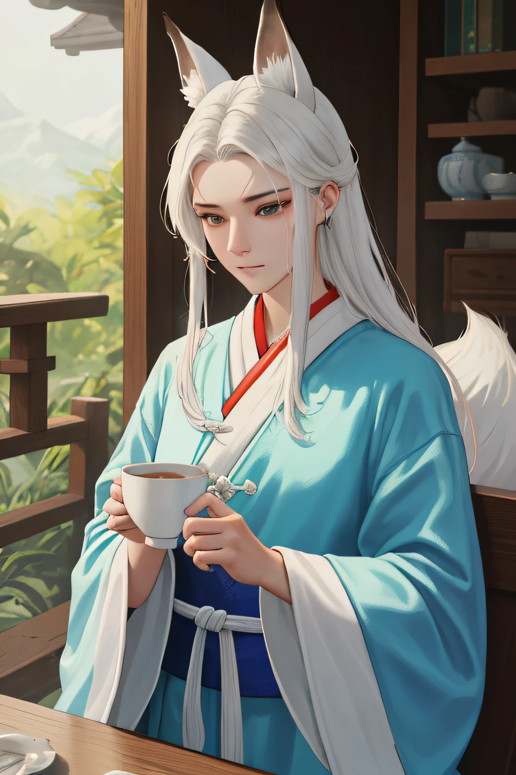 NSFW, obra-prima, melhor qualidade, ultra-detalhado, semi-realista, detailedfacialfeatures, 2woman,usando roupas velha wuxia chinesa,cabelos prateado compridos , olhos negros,voluptuosa,sensual e sexy, fox ears on her head,cauda de raposa,muito bonita,sentado em uma mesa,holding a cup of tea inside a hostile environment