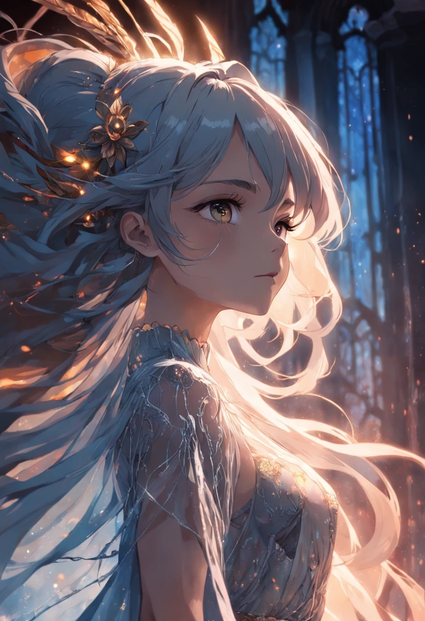 "grande qualidade, incredible details, obra-prima, A very delicate and beautiful illustration, retrato de alto contraste, penteado deslumbrante, lighting dramatic, fundo misterioso, cores vibrantes, vestido elegante, olhar sedutor, intense expression"
