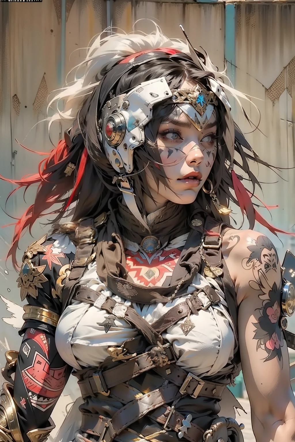 Dark-skinned Chinese woman, Kerrigan, dreadlocks, Bones and skull, Cyberpunk, steampunc, Splash punk, The female devil in the background author:Rowena Merrill Stika Boris Vallejo Caravaggio Philippe Druilet Andrei Ryabovichchev Whelan