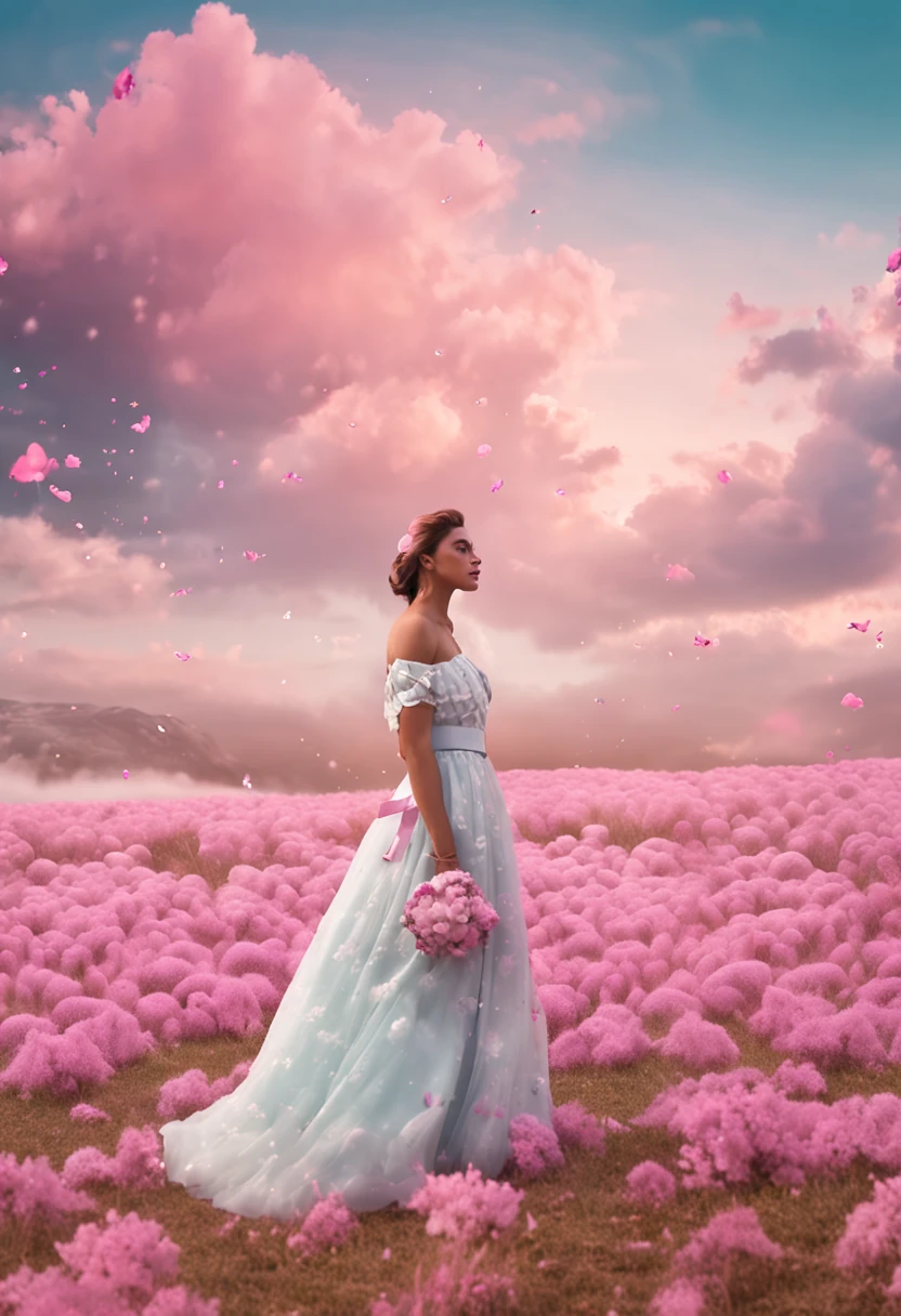 princesa desenho vestido branco, sky pink clouds, campo com flores