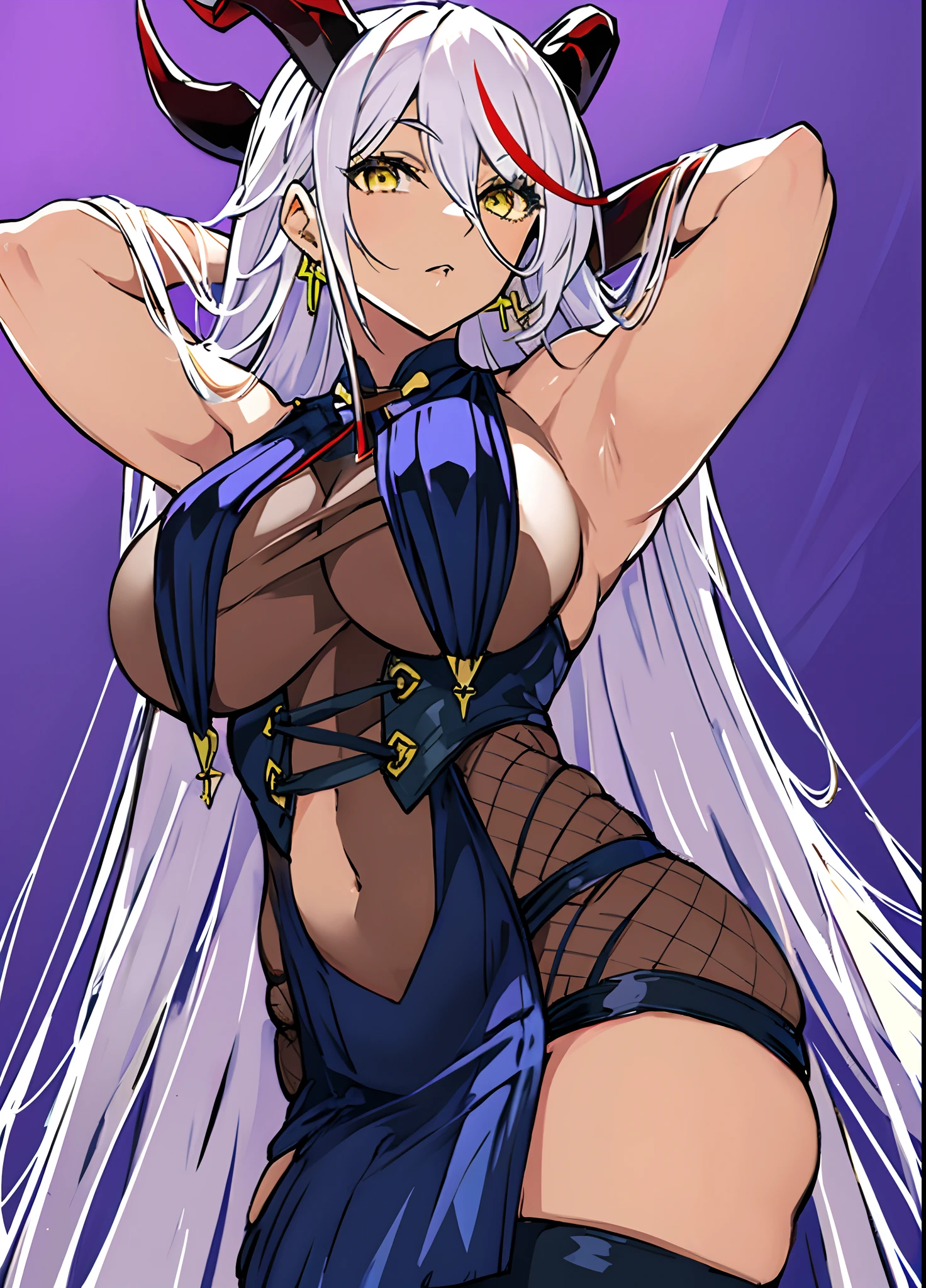 Masterpiece, 1girll, Solo, Long hair, Breasts, view the viewer, bangs, Large breasts, hair between eye, jewelry, Very long hair, Yellow eyes, White hair, Thighs, Red hair, multicolored hair, Earrings, Horns, Armpits, :Tai, Arms up, Striped hair, covered navel, From below, Cross, devil horns, arms behind head, Purple background, bodystocking, breast curtains, Hair on the horn