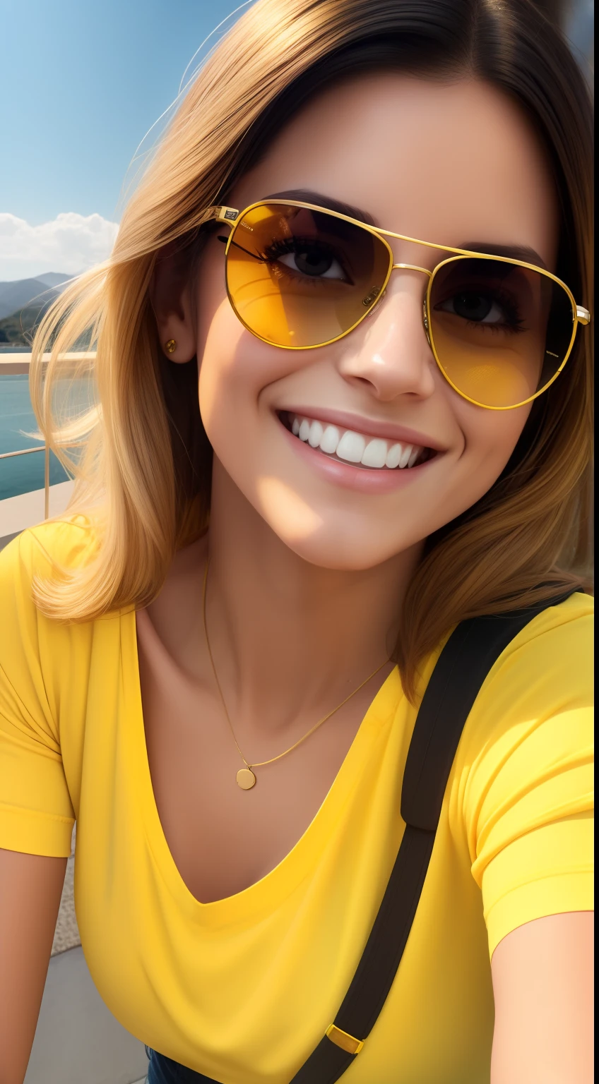 one womam, Wearing a yellow shirt, yellow eyes, sunglass, smiling, happy, focus on the face