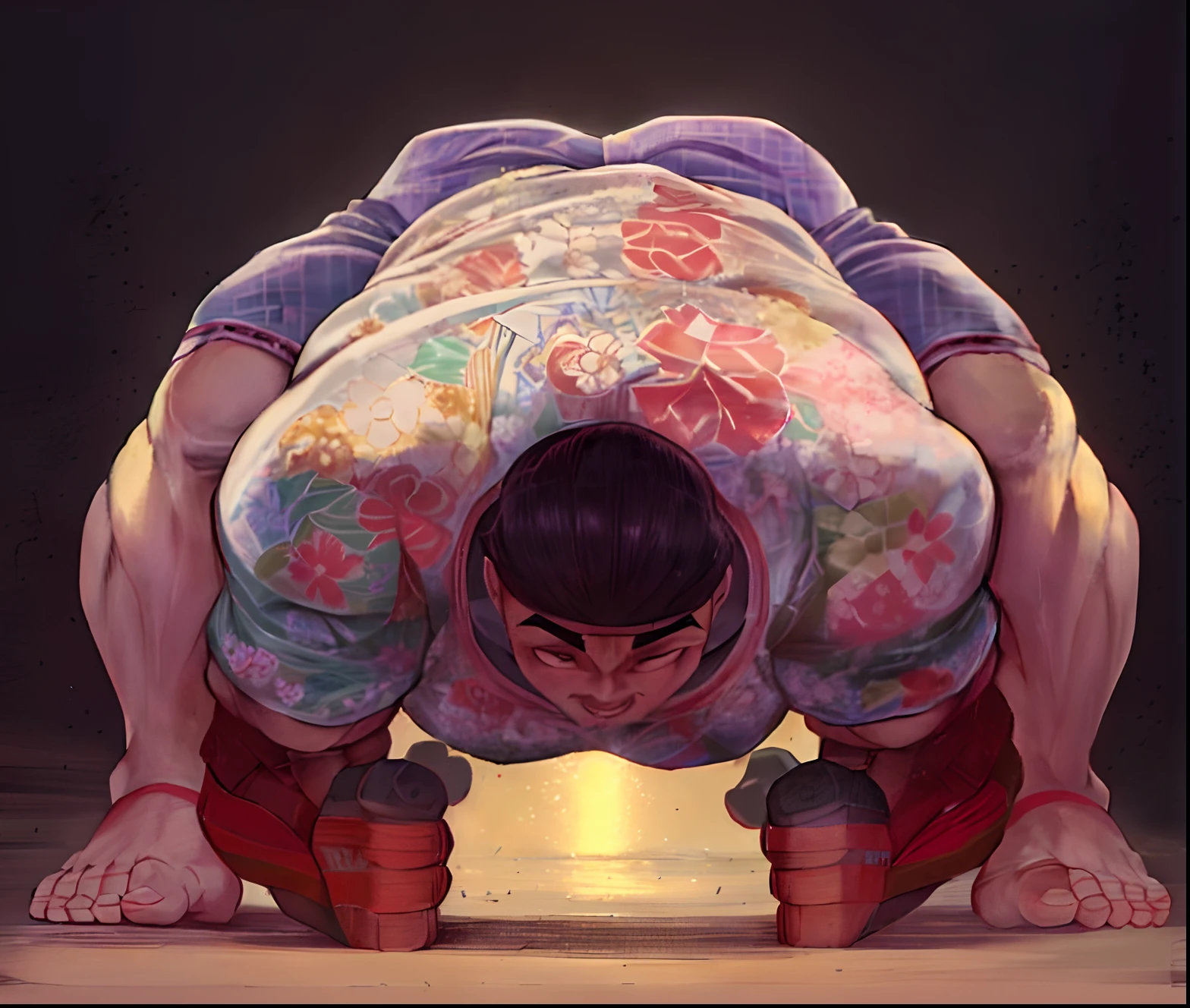 Sumo wrestler in attack position.