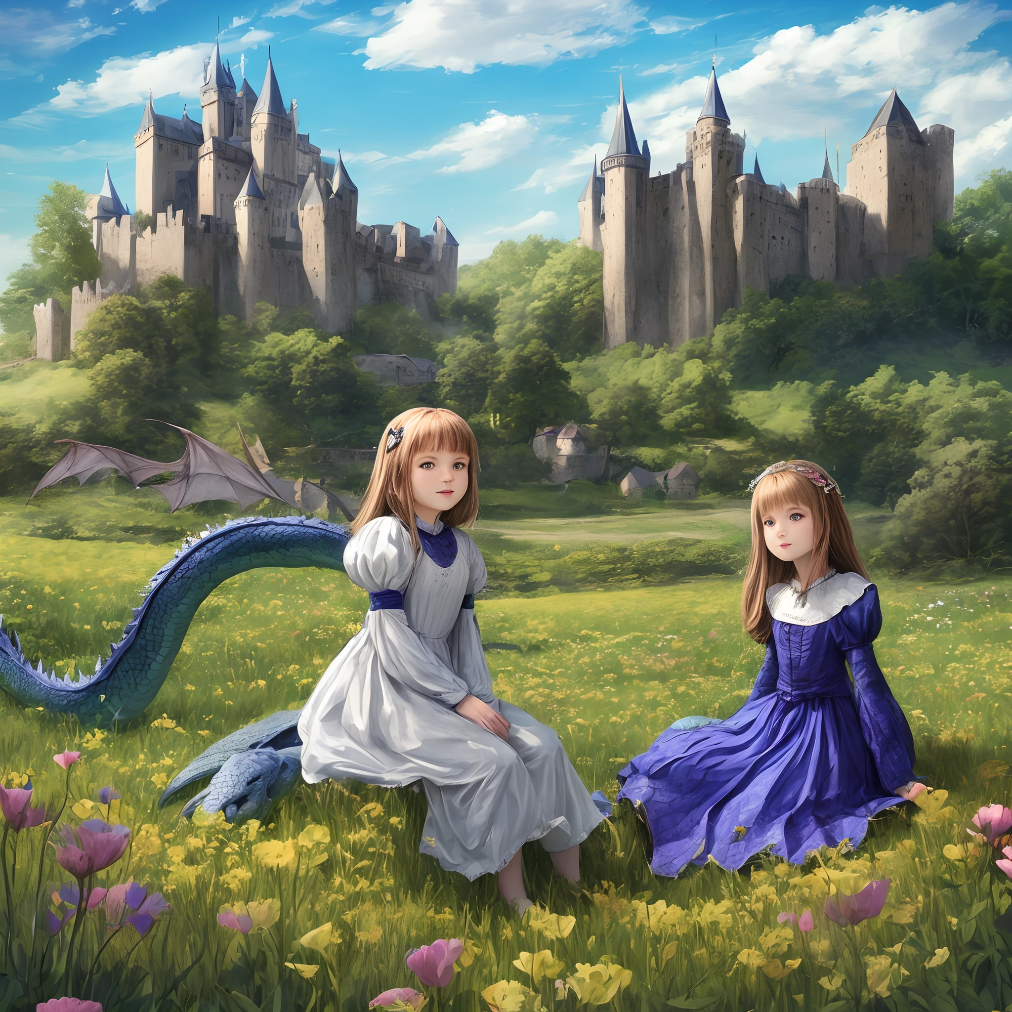 Uma  com cerca de 10 anos, vestida com um vestido medieval, is sitting in a field of flowers, next to a dragon. The dragon is green and has bright scales. The sky is blue and the sun is shining. Ao fundo, there are several castles