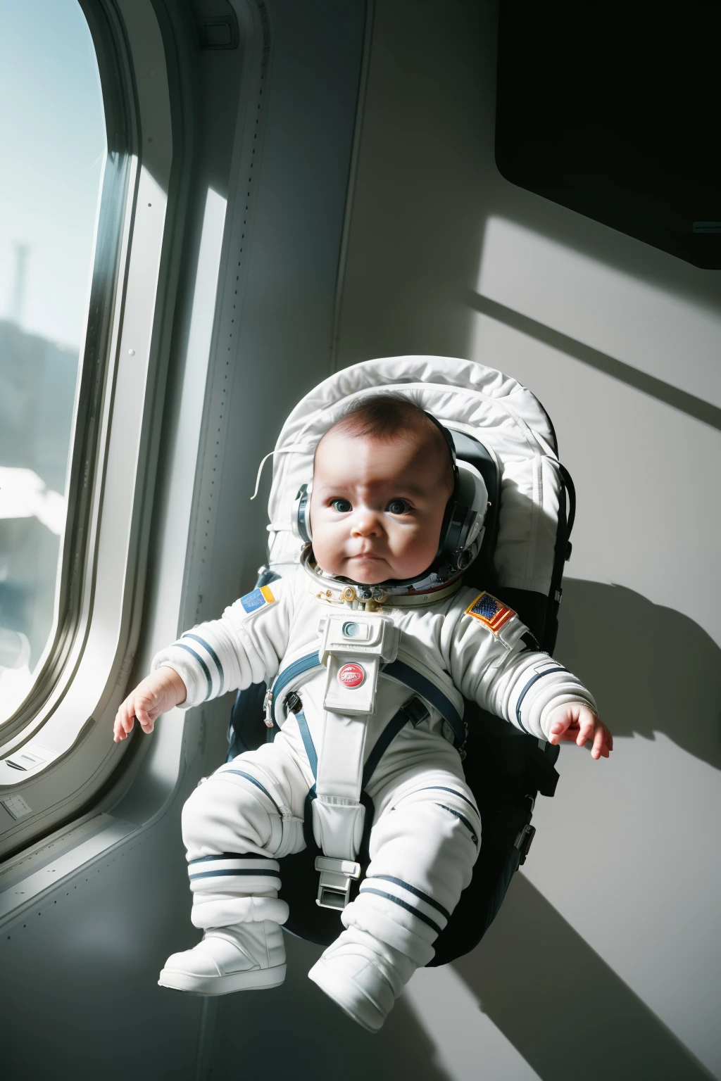 guttonerdvision10, Hyperrealistic portrait of a adorable baby astronaut floating weightlessly in space, dressed in a miniature space suit, wide-eyed wonderment, Earth seen in the distant background, intricate details on suit's patches and reflective visor, medium format film aesthetic, Mamiya RZ67, f/2.8, Kodak Portra 400, chiaroscuro lighting