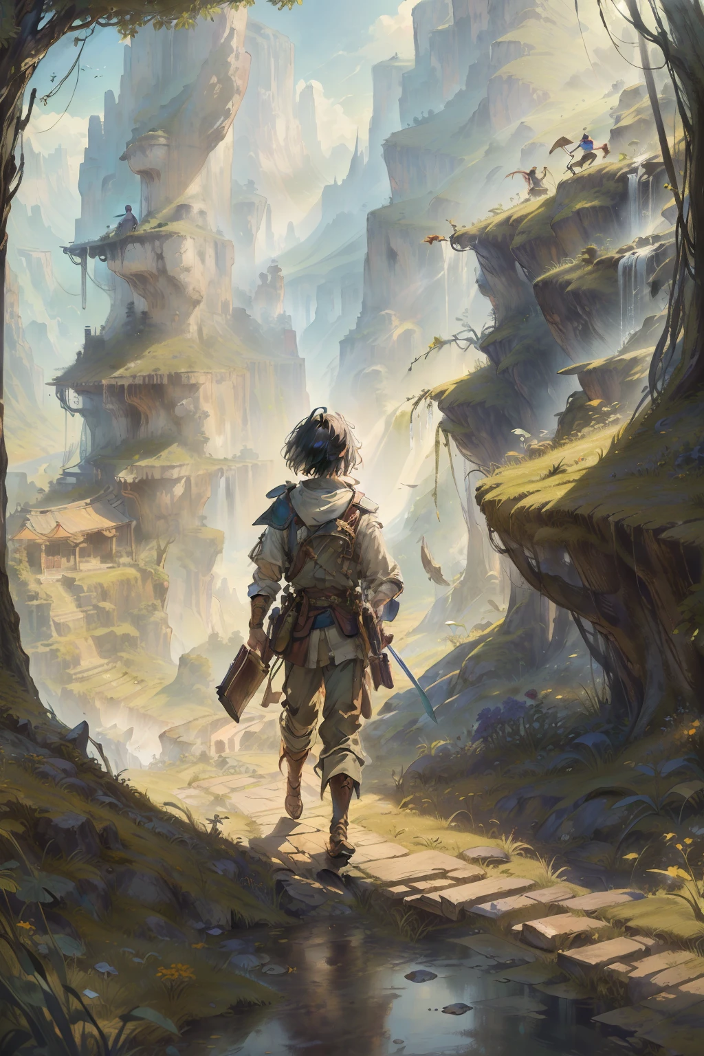 masutepiece, Best Quality, High resolution, 1man, middle age, (extremely long shot), detail man, detail hands, detail fingers, detail face, detail leg, fantasy, Adventurers, nature, meadow, sunny, short hair, messy hair, walking, overlook, looking away, knapsack, pocket book, sword on waist
