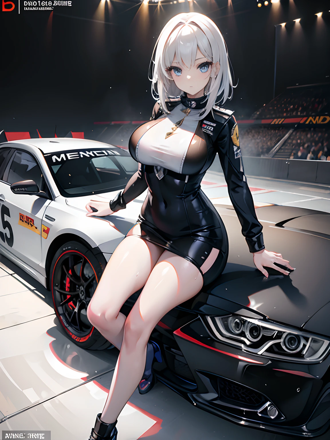 Unreal Engine 5 Realistic Rendering, cosplayer, Race Queen、Uniform with logo、 Exquisite beauty、Beautiful face, Body shape of slim model, Colossal tits, shiny, wet shiny body, short white hair, dark brown skin, neons、Large crowds、audience、Forming an emperor、Drag racing、Midsommar Racing Circuit、racing car、Lower grade、crowd、spectators、