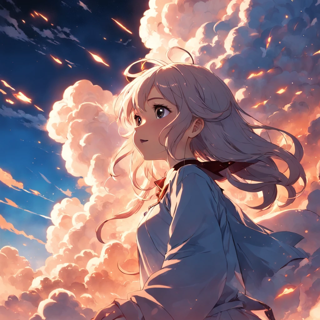masterpiece, best quality, movie still, 1girl, cloud girl, floating in the sky, close-up, bright, happy, warm soft lighting, sunset, (sparks:0.7)