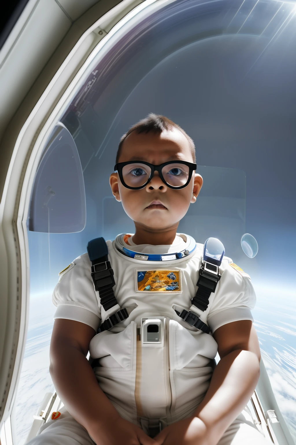 guttonerdvision10, Hyperrealistic portrait of a adorable baby with glasses astronaut floating weightlessly in space, dressed in a miniature space suit, wide-eyed wonderment, Earth seen in the distant background, intricate details on suit's patches and reflective visor, medium format film aesthetic, Mamiya RZ67, f/2.8, Kodak Portra 400, chiaroscuro lighting