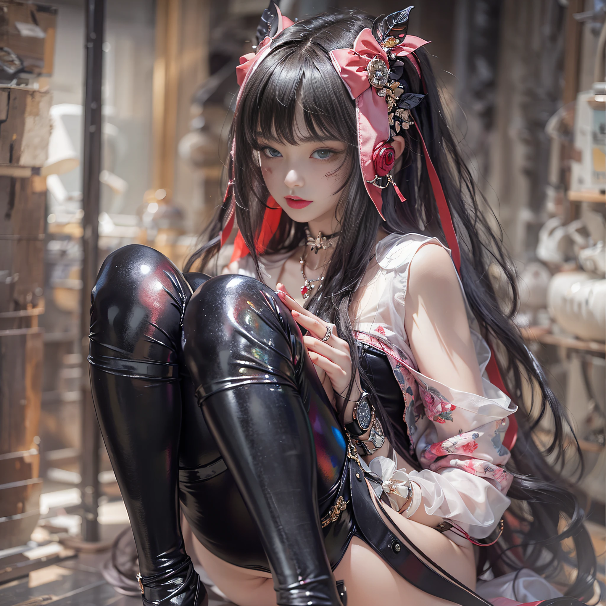 ((masterpiece:1.4)、(top-quality:1.4)、(reallistic:1.7))、a beauty girl、Super sexy daughter、Super beautiful girl、1girl in、Glossy luxury latex、Luxury Latex Bodysuit、By Luis Royo、age19、Super Ultra Ultra Bikini、beautiful countenance、kawaii faces、Beautiful udder、Beautiful ass、A detailed eye、beautidful eyes、Raw photo、red-lips、Red high heels、a choker、a necklace、耳Nipple Ring、