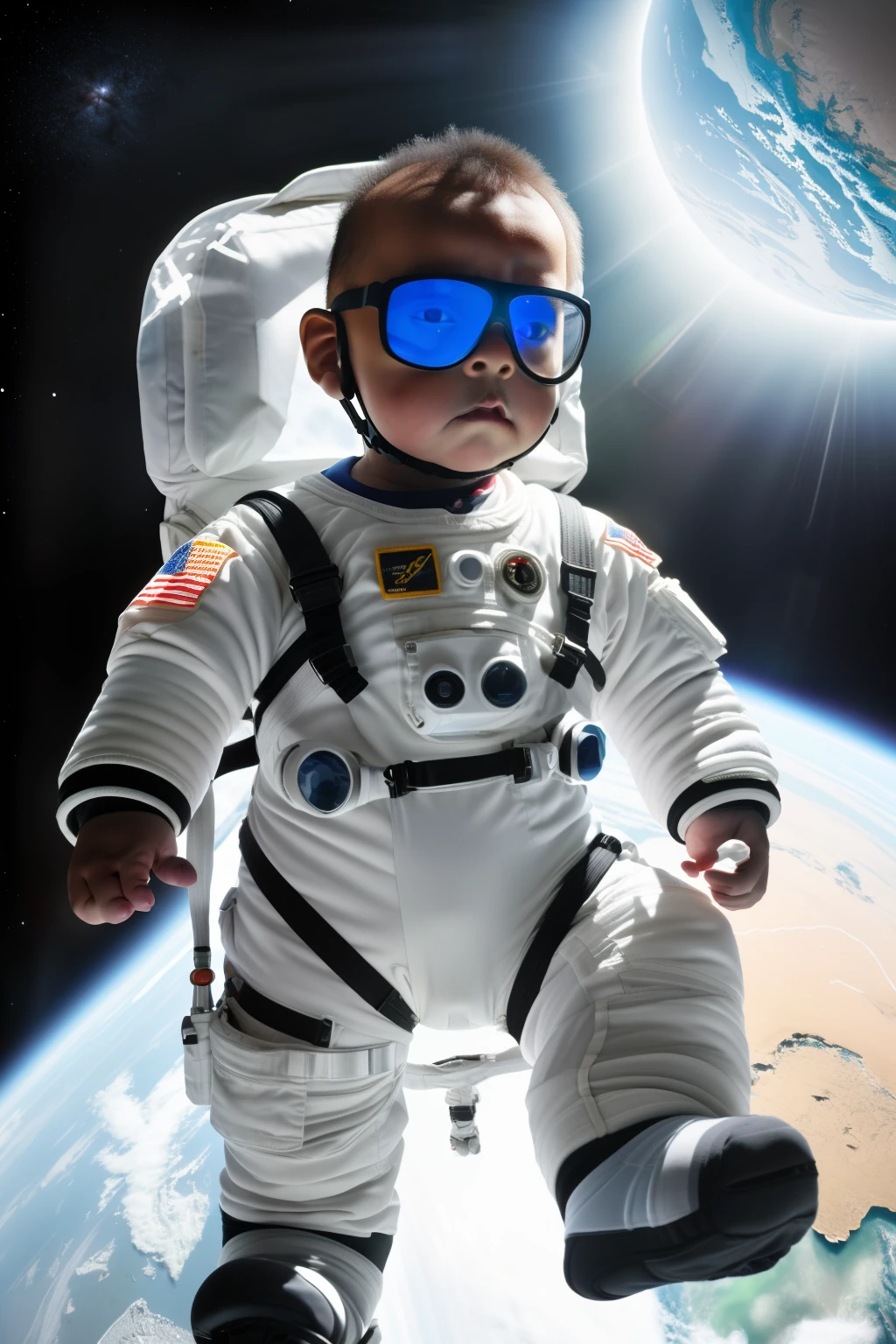 guttonerdvision10, Hyperrealistic portrait of a adorable baby with glasses astronaut floating weightlessly in space, dressed in a miniature space suit, wide-eyed wonderment, Earth seen in the distant background, intricate details on suit's patches and reflective visor, medium format film aesthetic, Mamiya RZ67, f/2.8, Kodak Portra 400, chiaroscuro lighting