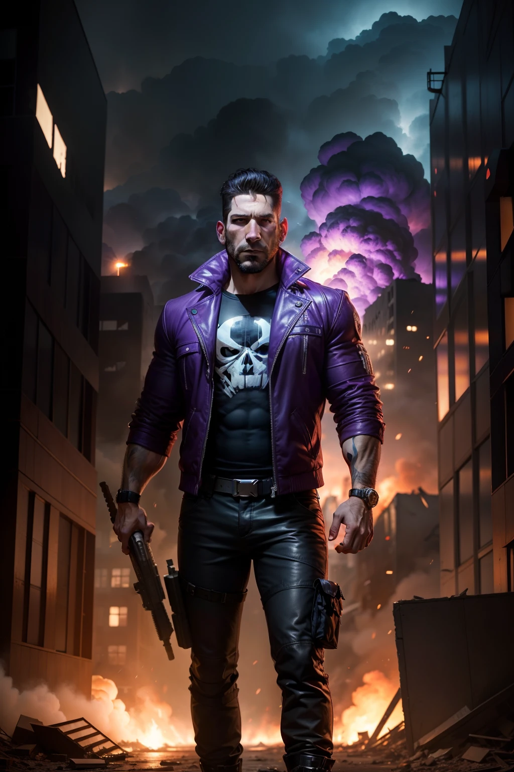 Jon Bernthal dressed  in jacket and pants reminiscent of the Punisher costume with iconic Punisher logo, superhero, explosions, destroyed buildings collapsed, rising smoke, purple flames, reflected purple and blue lights, realistic, photography, Canon Eos R6