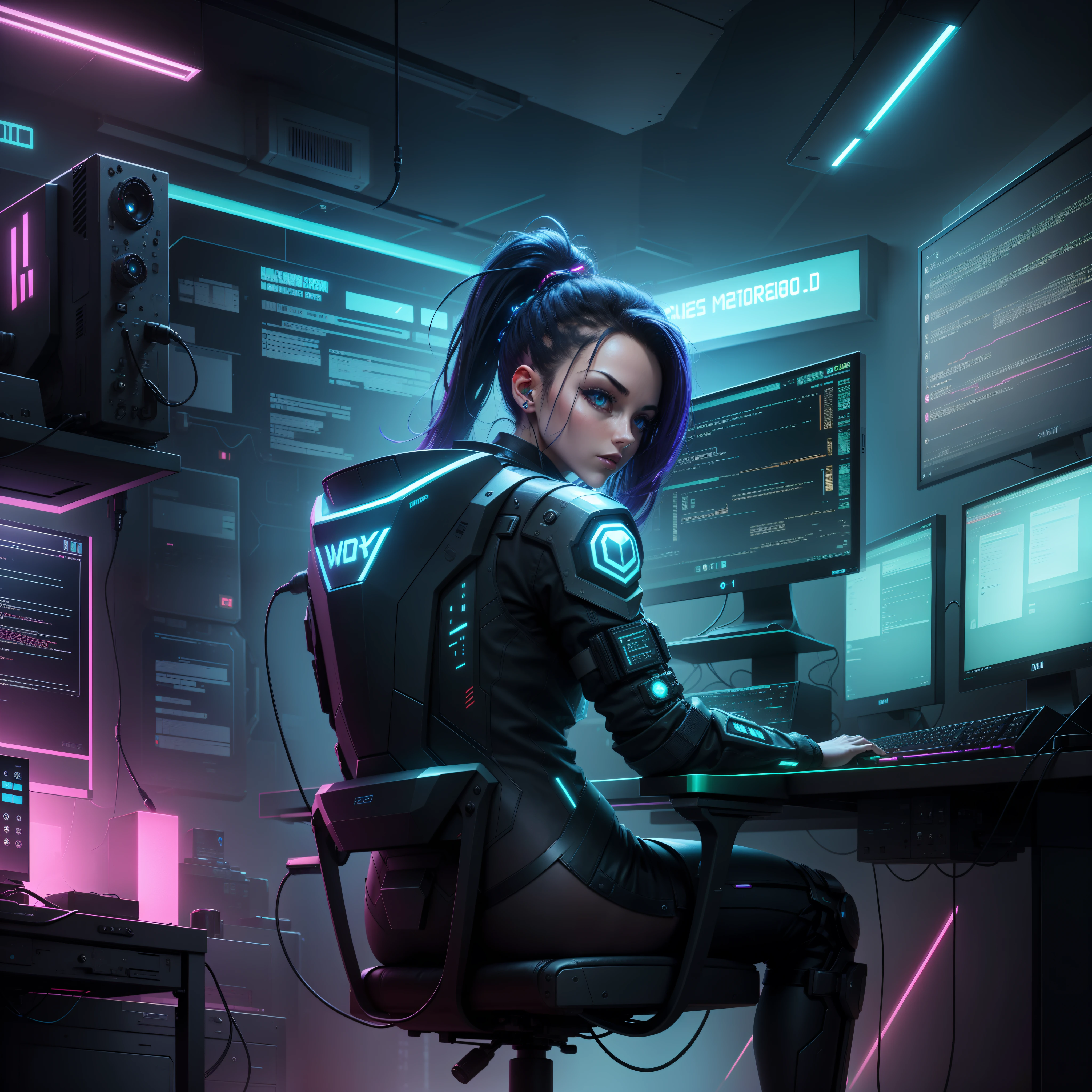 a dimly lit computer lab with lots of monitors and a keyboard, super military computer, W.O.P.R, cyberpunk setting, Cyber punk configuration, cyber neon lighting, cyber space, cyberpunk with neon lighting, lights cyber neon, in a cyberpunk themed room, interior cyberpunk, Gamer screen on metal table, cyber aesthetic, Cybernetic style, computer sci-fi, cyber background, cyber installation, console and computer