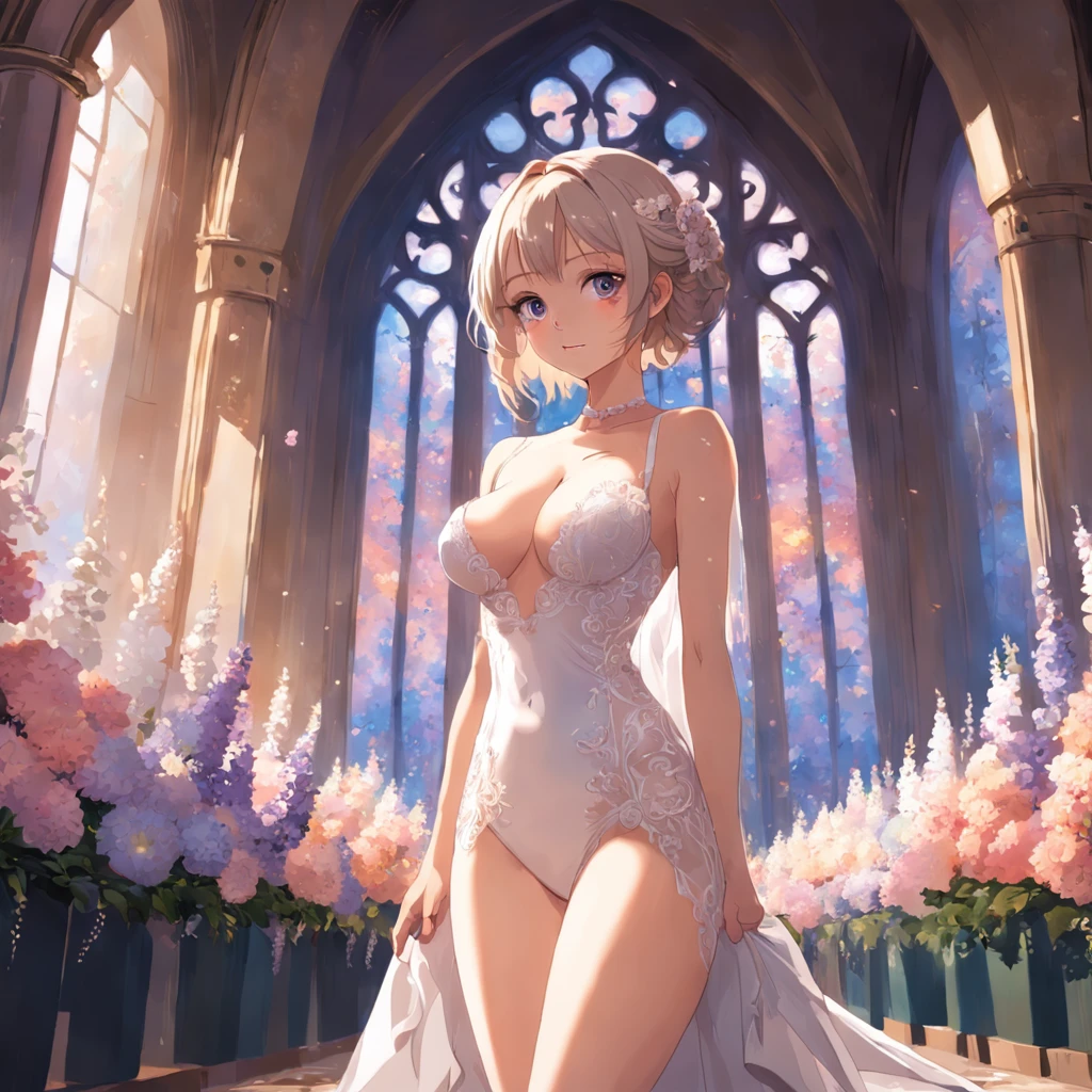 tmasterpiece,best qualtiy,Private room photo,1girl,Wedding Girl,Standing among the flowers behind is the white church,closeup cleavage,brightly,cheerfulness,Warm and soft lighting,Clear skies,voluptuous figure,Full body photo,Bigchest,Cocked buttocks,Lace wedding dress(spark of light:0.7)