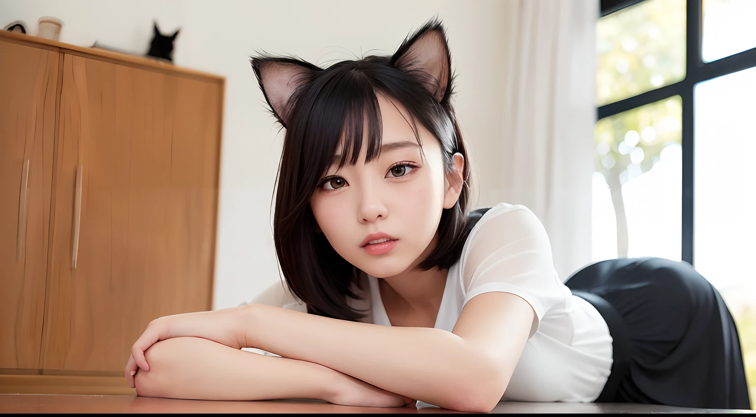 (Raw photography、top-quality)、(realisitic)、(Cat's ears:1.2)、top-quality、masterpiece、extremely delicate and beautiful、ighly detailed、nffsw、Unity、2k wallpaper、detaile、masterpiece、top-quality、huge filesize、ultra-detailliert、hight resolution、ighly detailed、1girl in、Slim body、(Short sleeved shirt:1.1)、(uniformss:1.1)、(pleatedskirt:1.1)、Porcelain Skin、(A dark-haired)、(hair adornments)、see the beholder、close up of face、straight haired、 extra detailed face, extremely detailed eye, Smile, Sateen ,